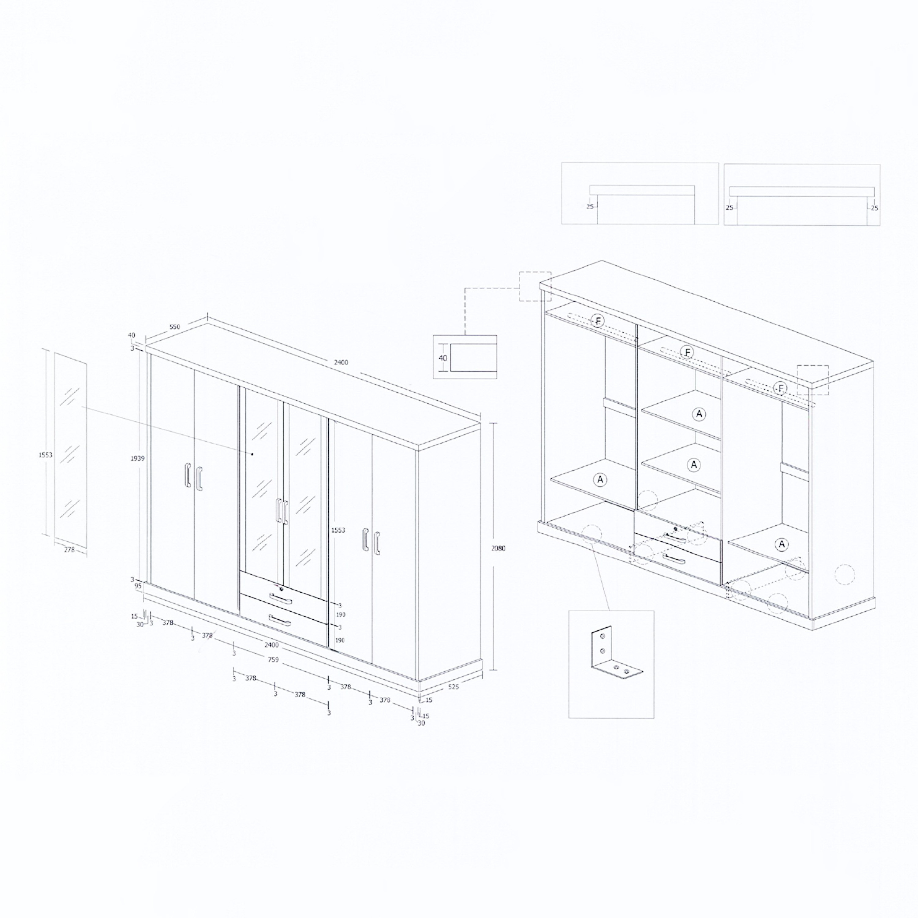 خزانة ملابس بأربعة أبواب بـ 3 أبواب مع 2 مرايا من جلاسجلو-hbxfurniture-wardrobes-image-5