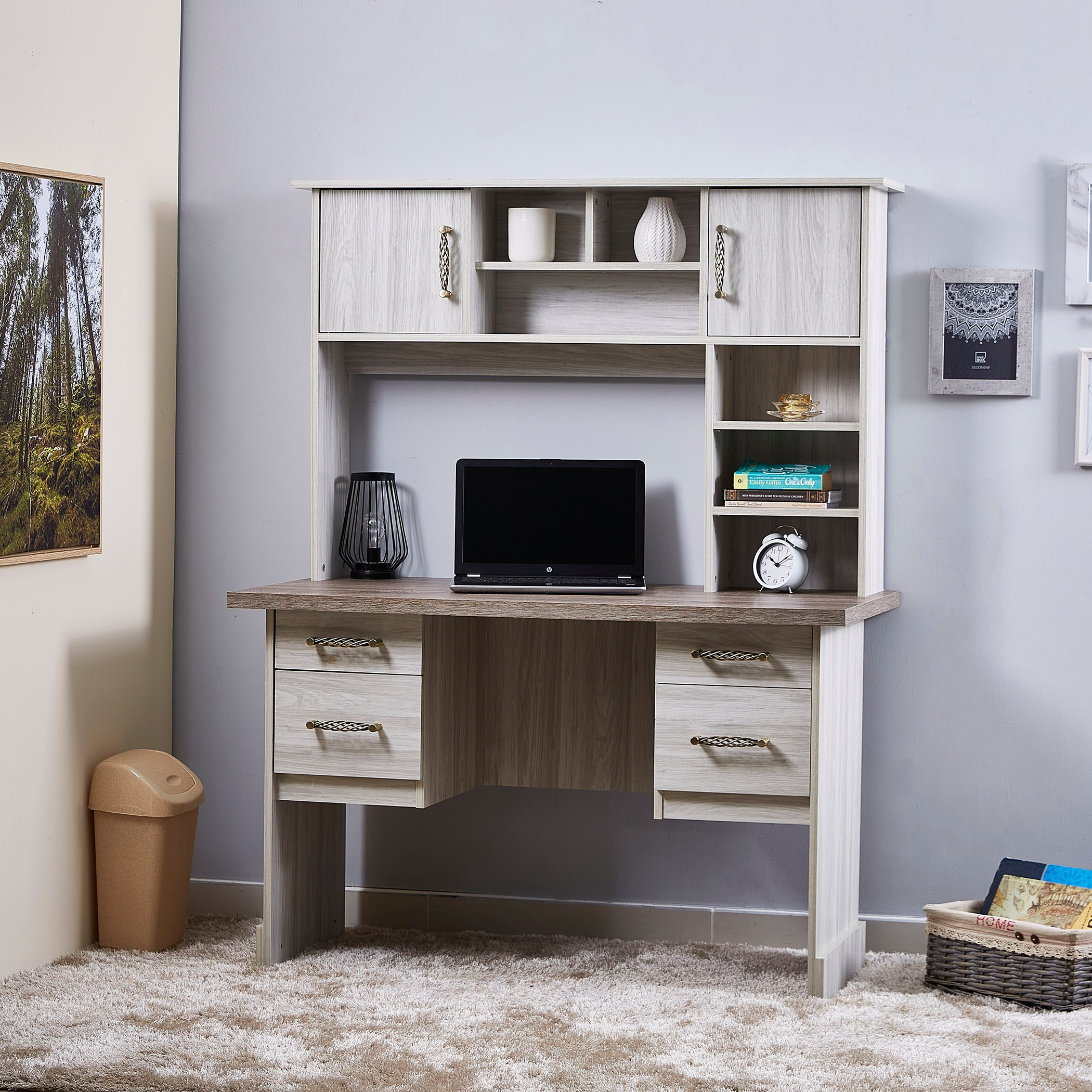 Gray desk with deals hutch