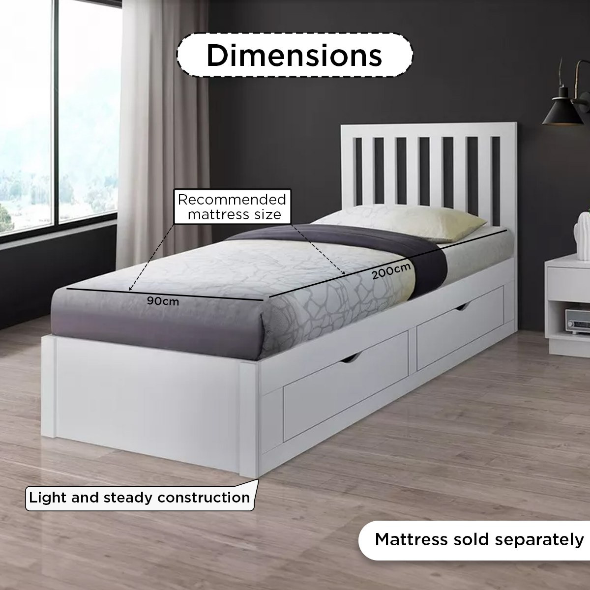 Movo Patara Single Bed with 4 Drawers - 90x200 cm-hbxfurniture-bedsandbedsets-beds-single-image-4