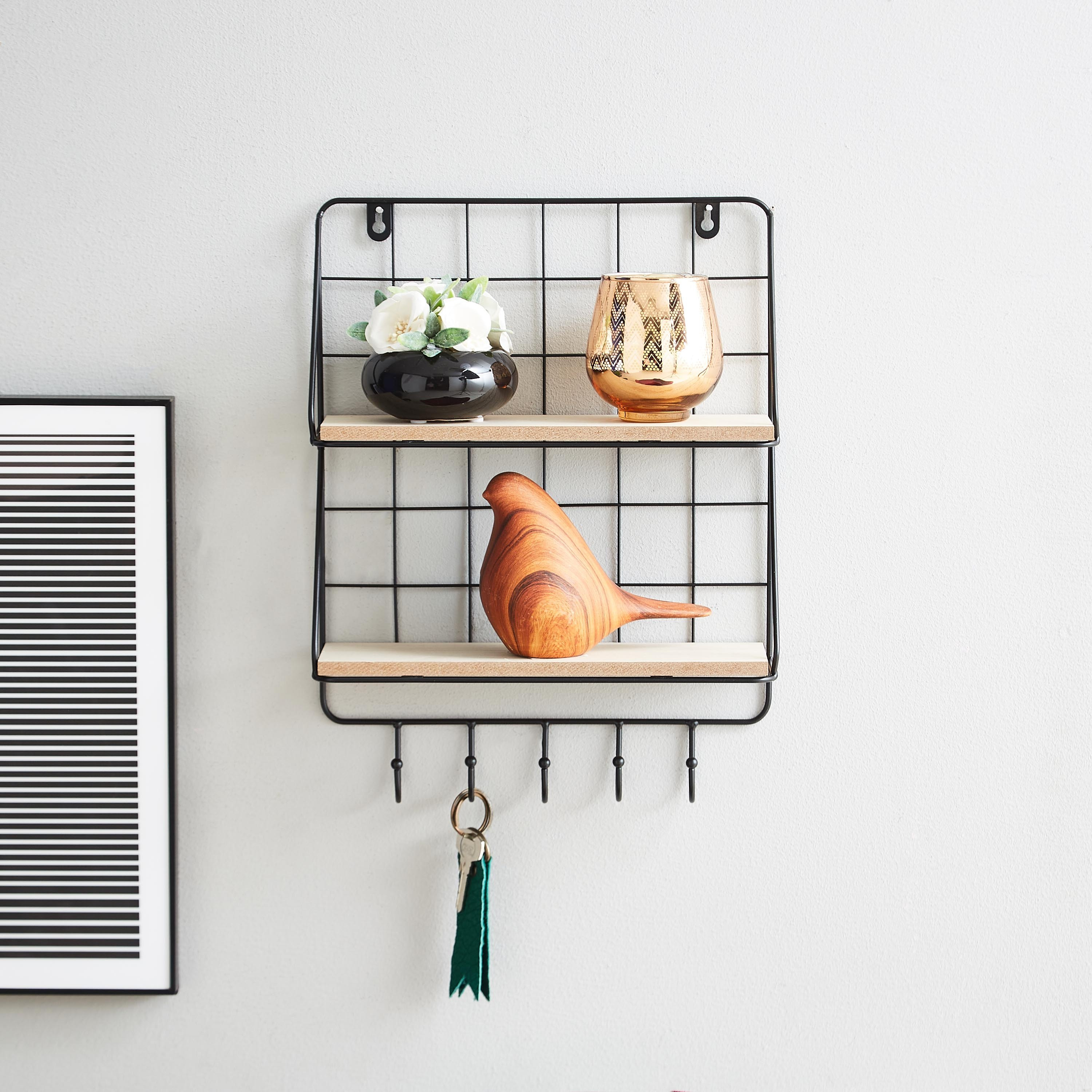 رف طابقين بحامل مفاتيح من جريد-hbxfurniture-mediaunitsandstorage-wallshelves-image-1