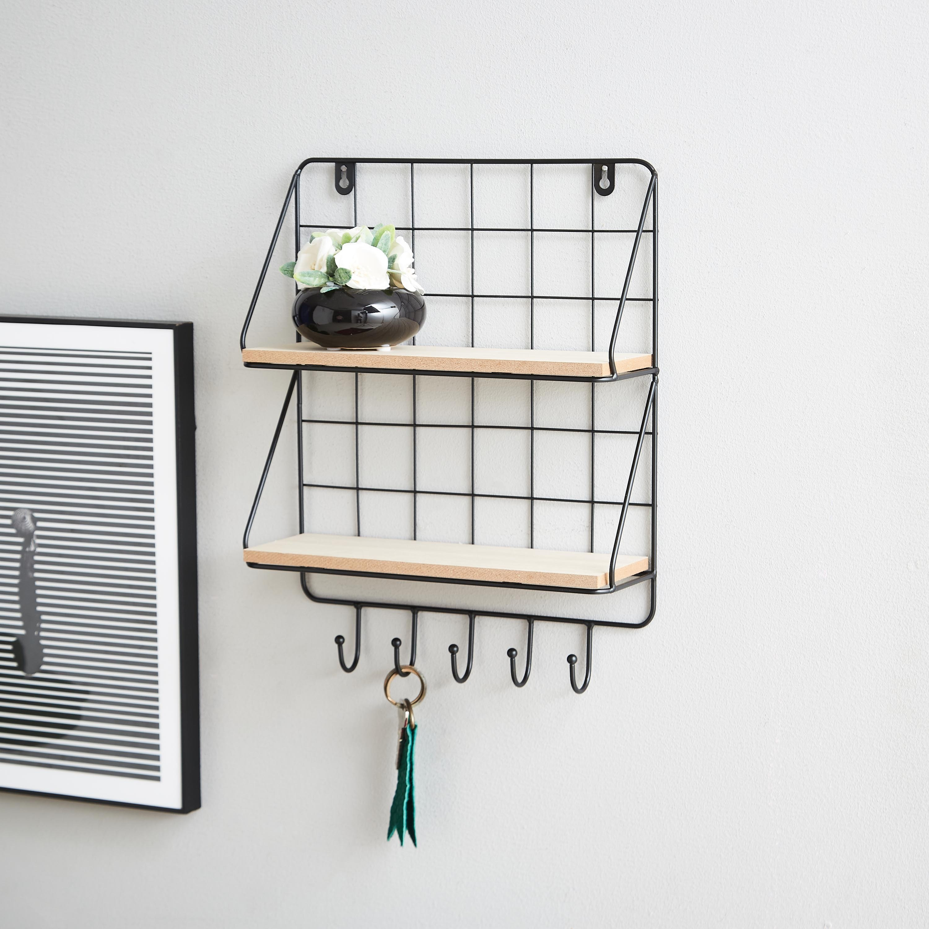 رف طابقين بحامل مفاتيح من جريد-hbxfurniture-mediaunitsandstorage-wallshelves-image-2