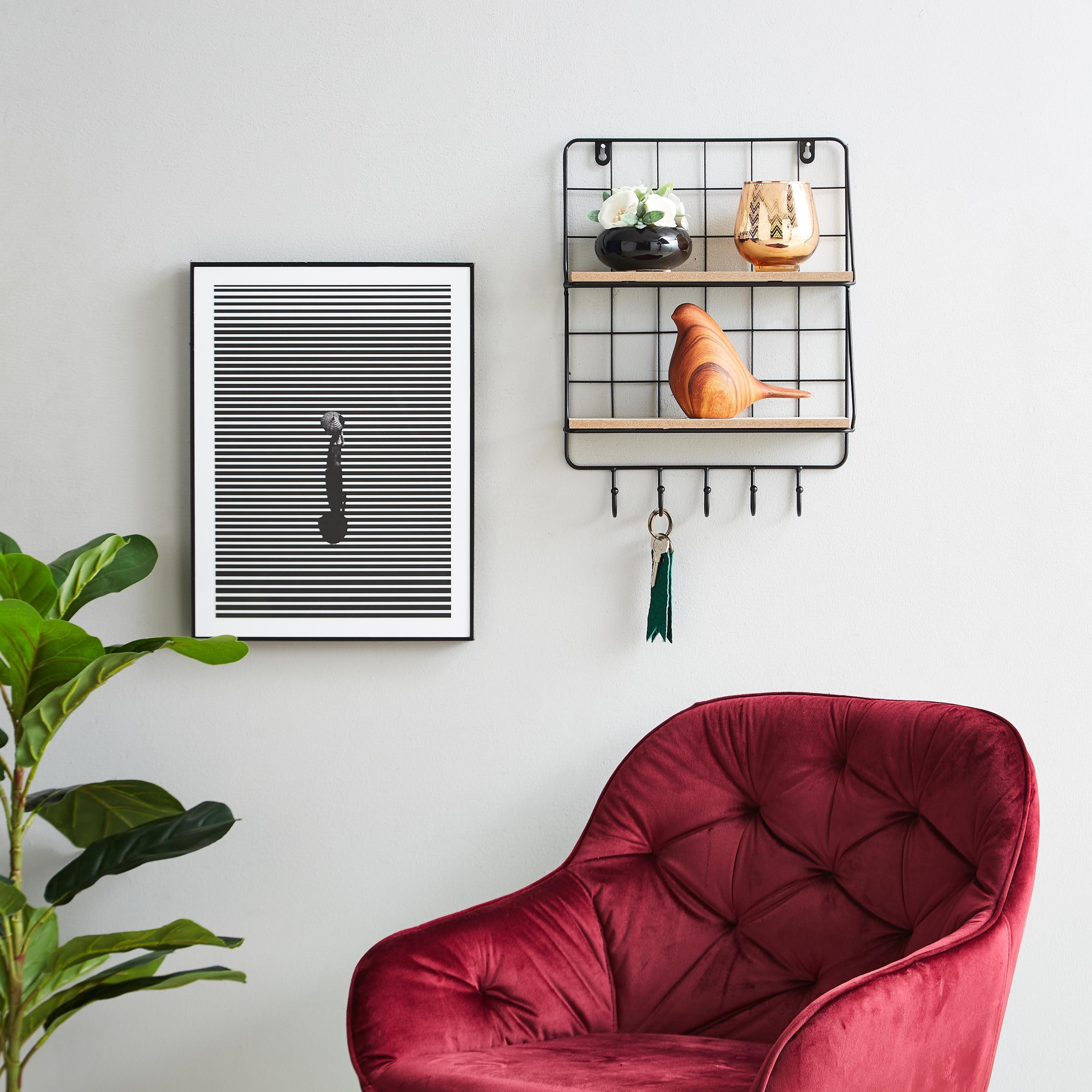 رف طابقين بحامل مفاتيح من جريد-hbxfurniture-mediaunitsandstorage-wallshelves-image-4