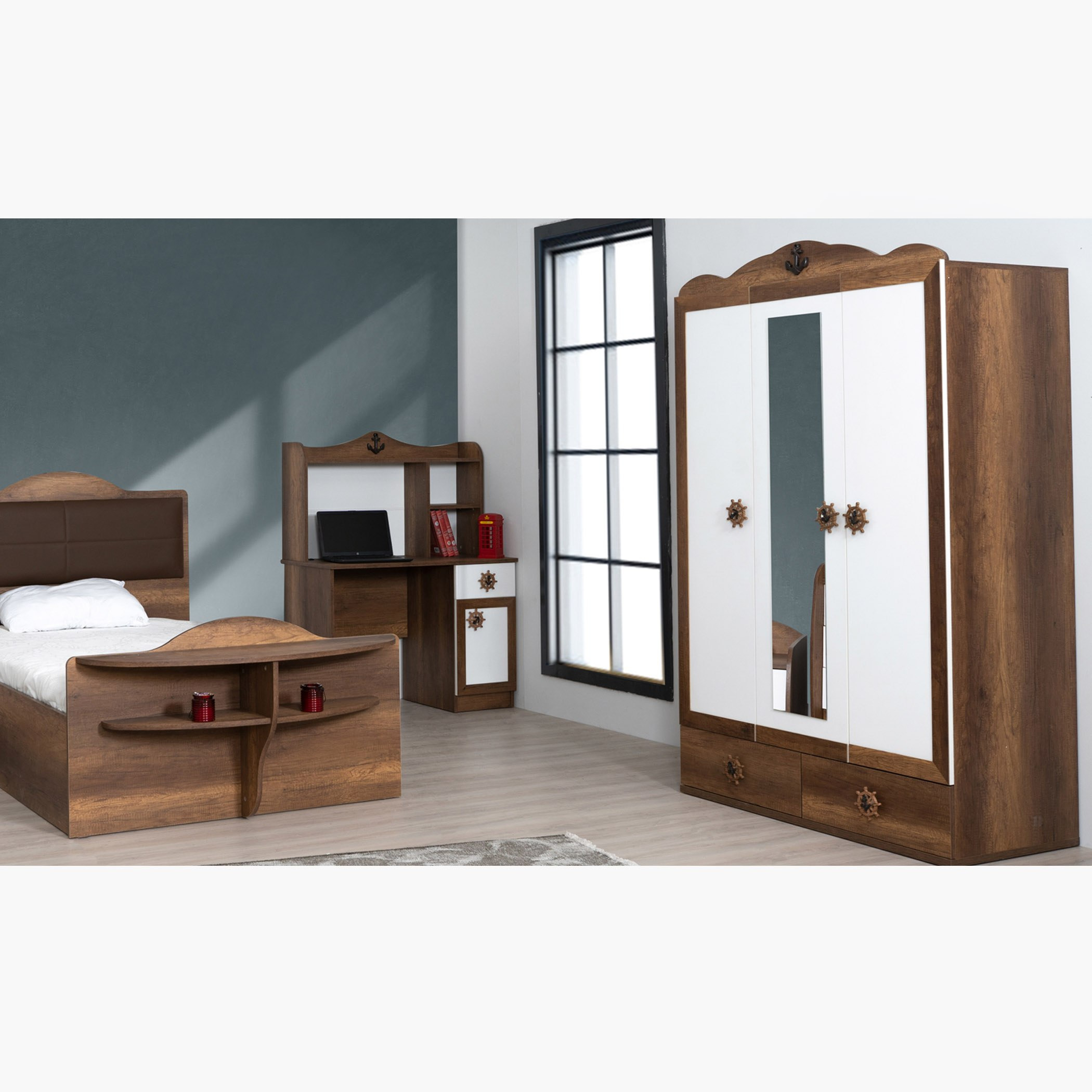 خزانة ملابس 3 أبواب بدرجين ومرآة - كابتن من موڤو-hbxfurniture-wardrobes-image-1
