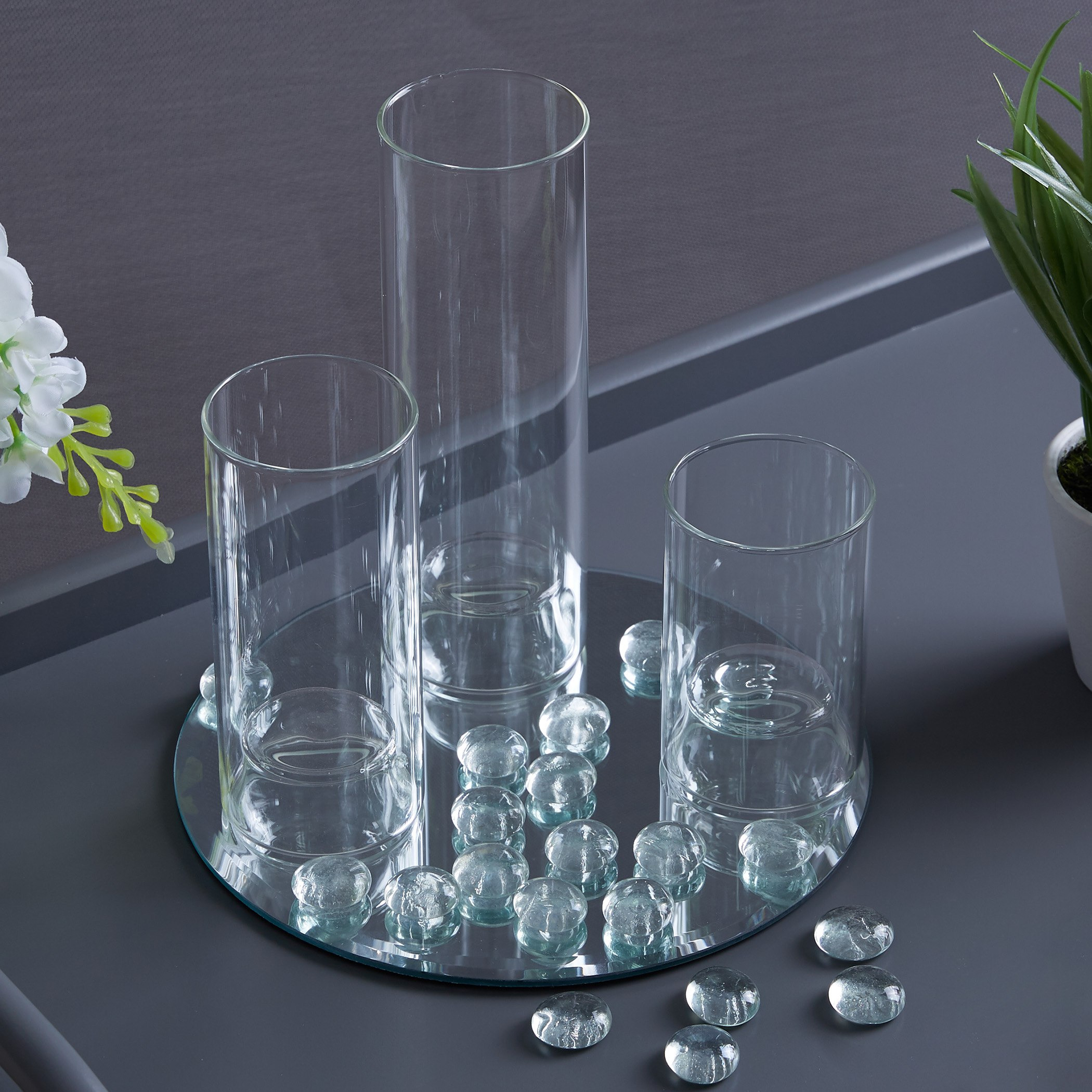 طقم حامل شموع صغيرة زجاجي وصحن بمرآة وأحجار زينة- 4 قطع-hbxlivingroom-decorandaccessories-candleholders-image-1