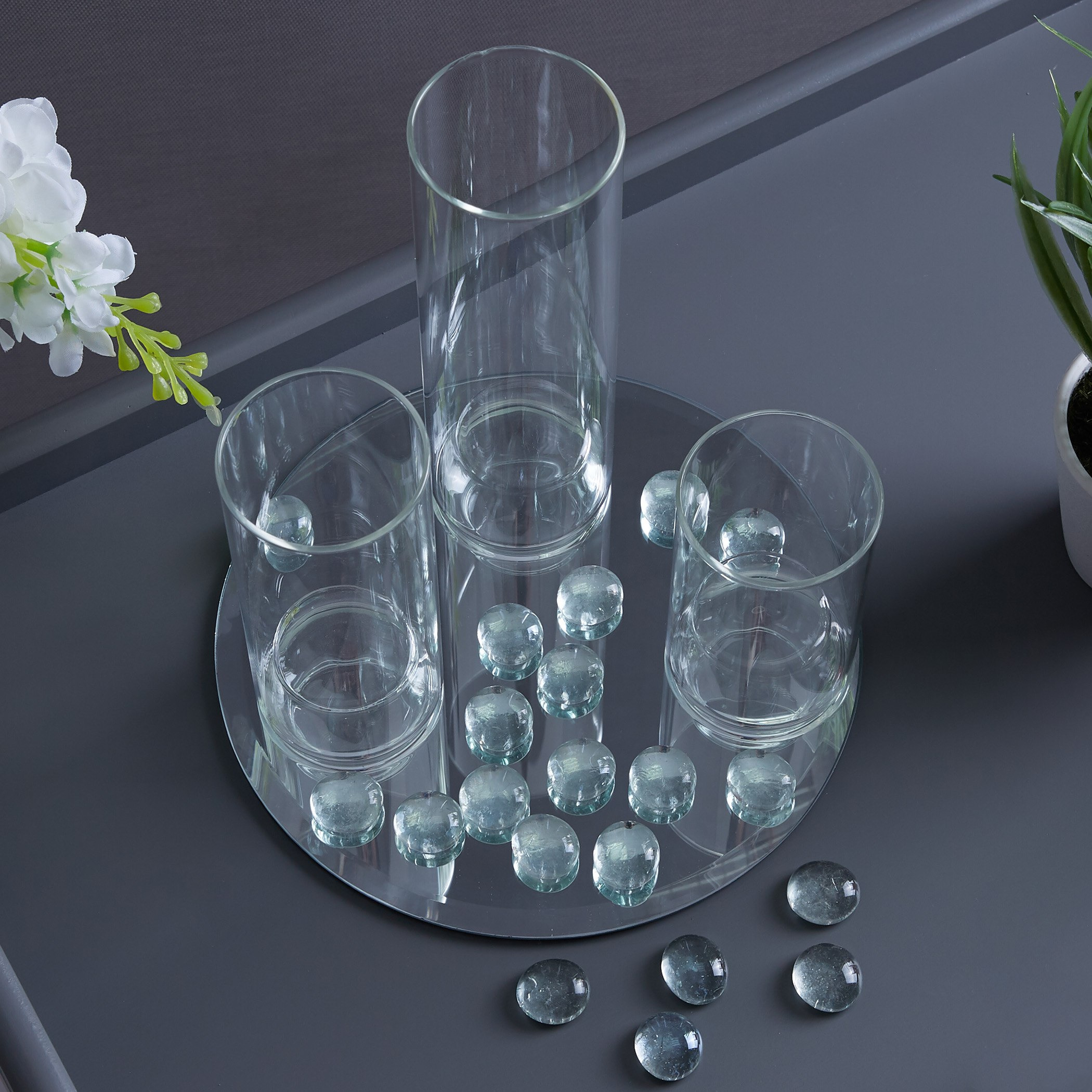 طقم حامل شموع صغيرة زجاجي وصحن بمرآة وأحجار زينة- 4 قطع-hbxlivingroom-decorandaccessories-candleholders-image-2
