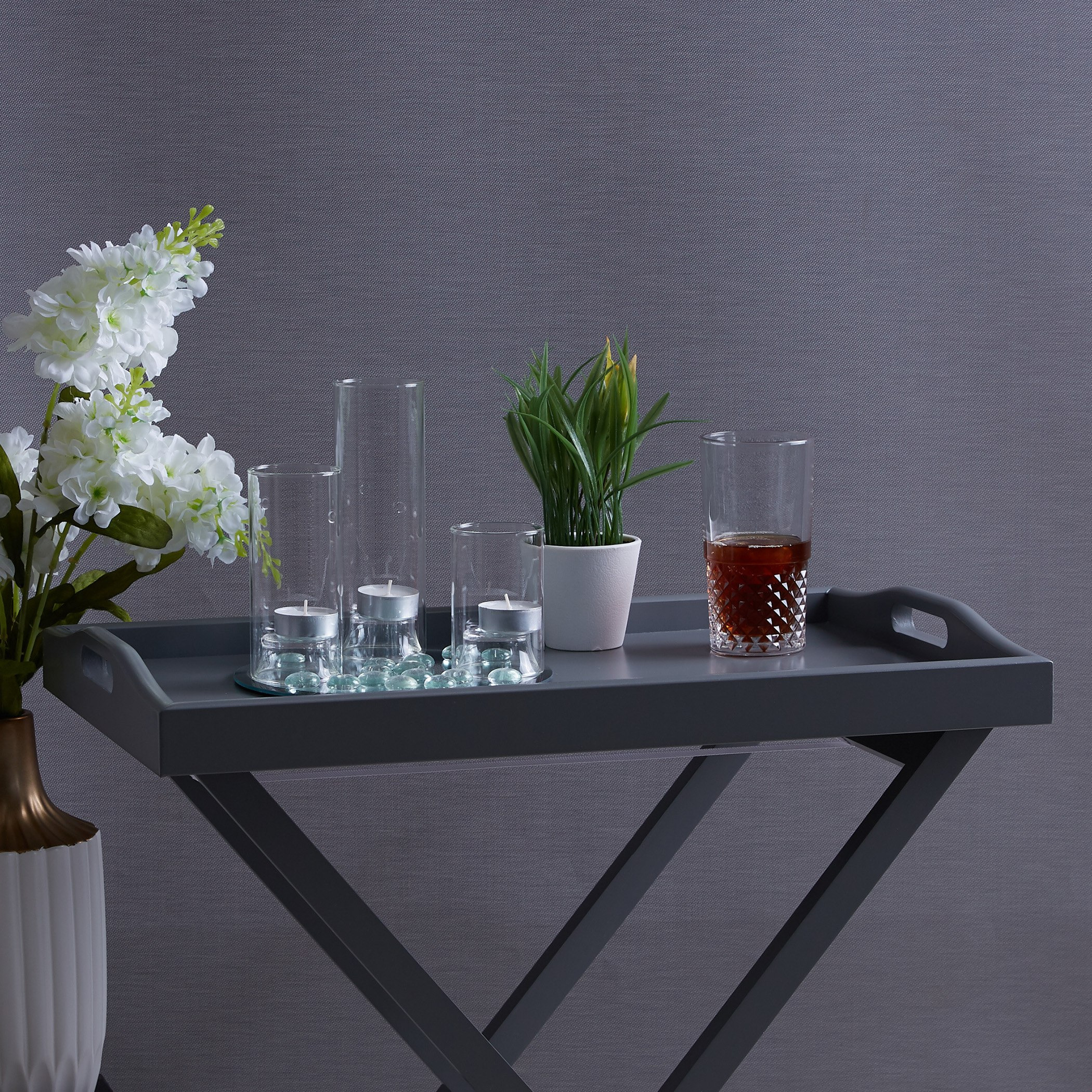 طقم حامل شموع صغيرة زجاجي وصحن بمرآة وأحجار زينة- 4 قطع-hbxlivingroom-decorandaccessories-candleholders-image-4