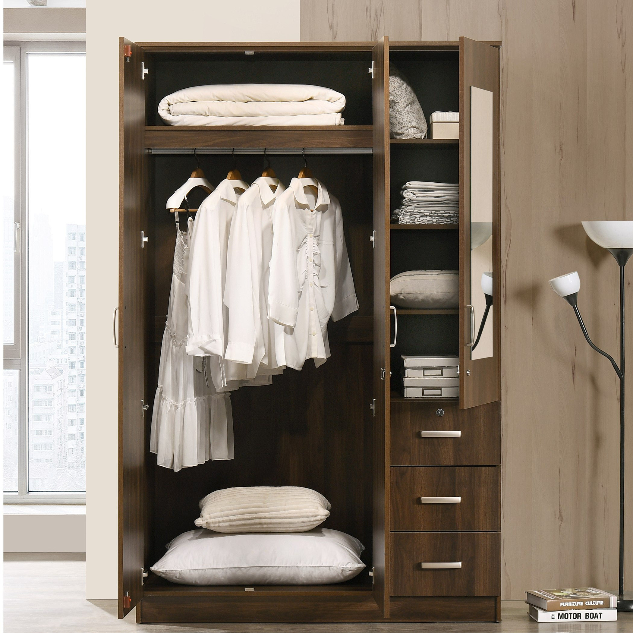 خزانة ملابس 3 أبواب قابلة للقفل مع 3 أدراج ومرآة - كوبر من موڤو-hbxfurniture-wardrobes-image-1