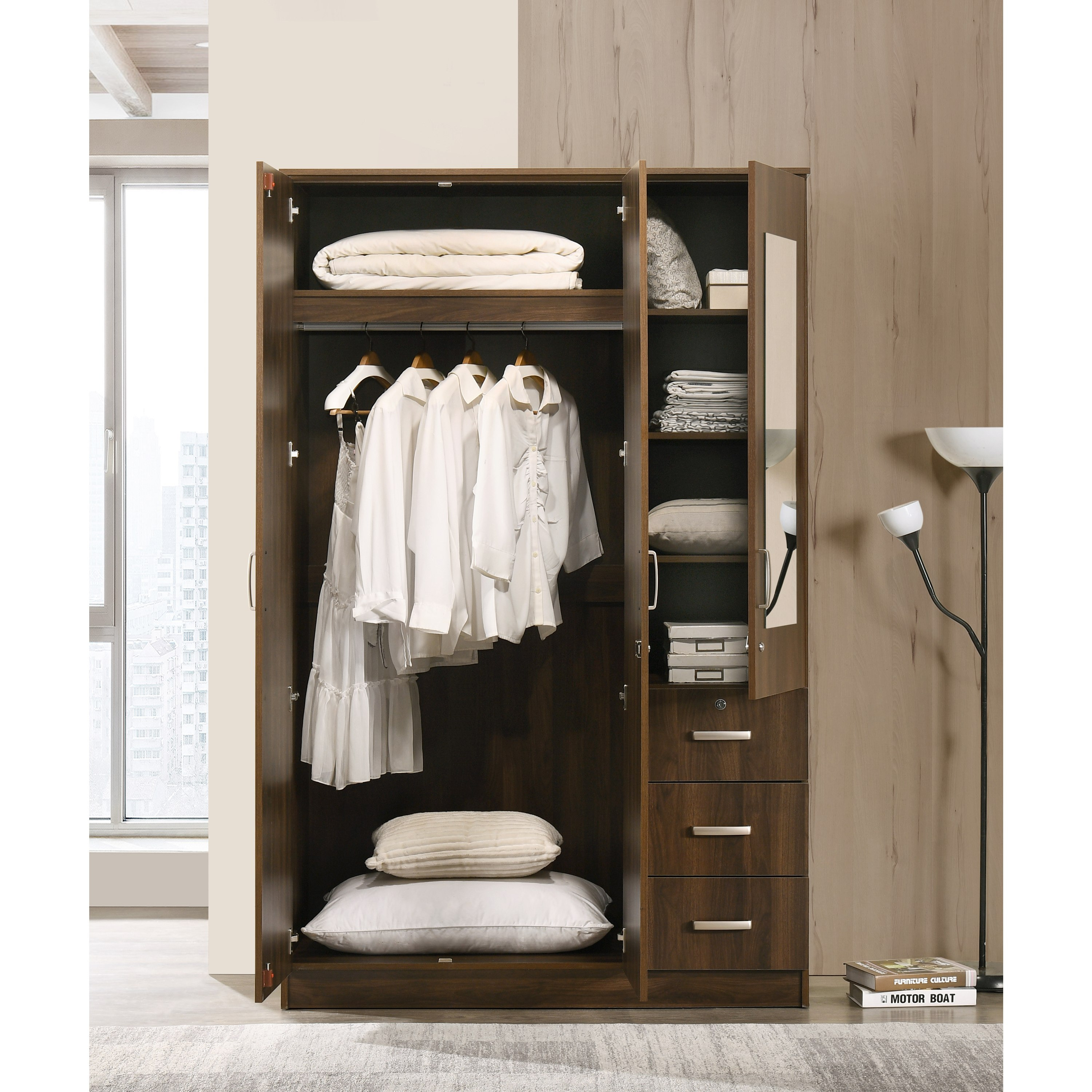 خزانة ملابس 3 أبواب قابلة للقفل مع 3 أدراج ومرآة - كوبر من موڤو-hbxfurniture-wardrobes-image-2