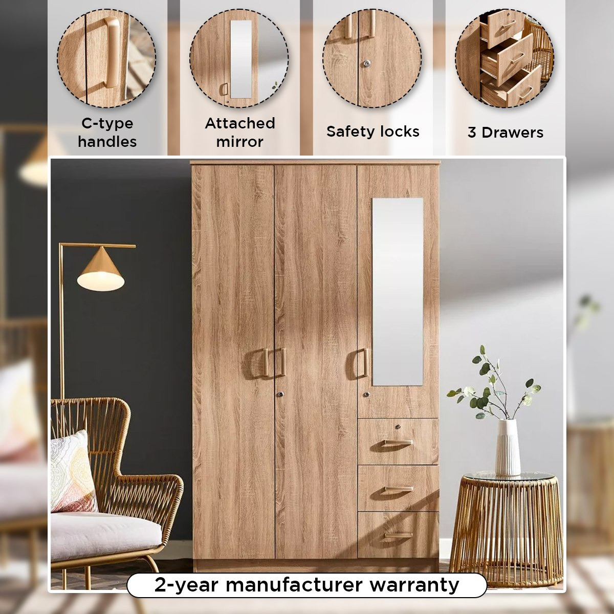 Movo Cooper 3-Door Lockable Wardrobe with 3 Drawers and Mirror-hbxfurniture-wardrobes-image-4