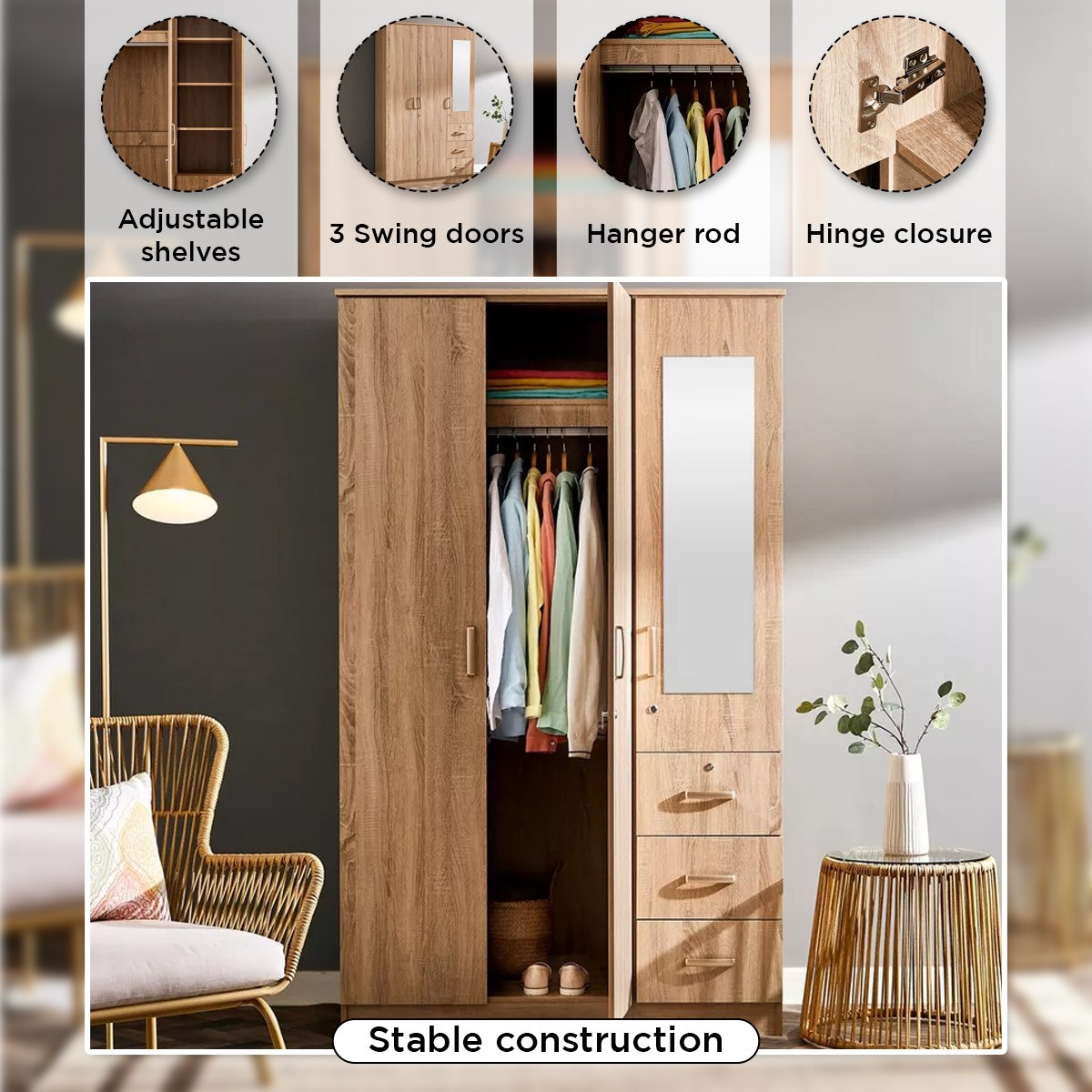 Movo Cooper 3-Door Lockable Wardrobe with 3 Drawers and Mirror-hbxfurniture-wardrobes-image-5