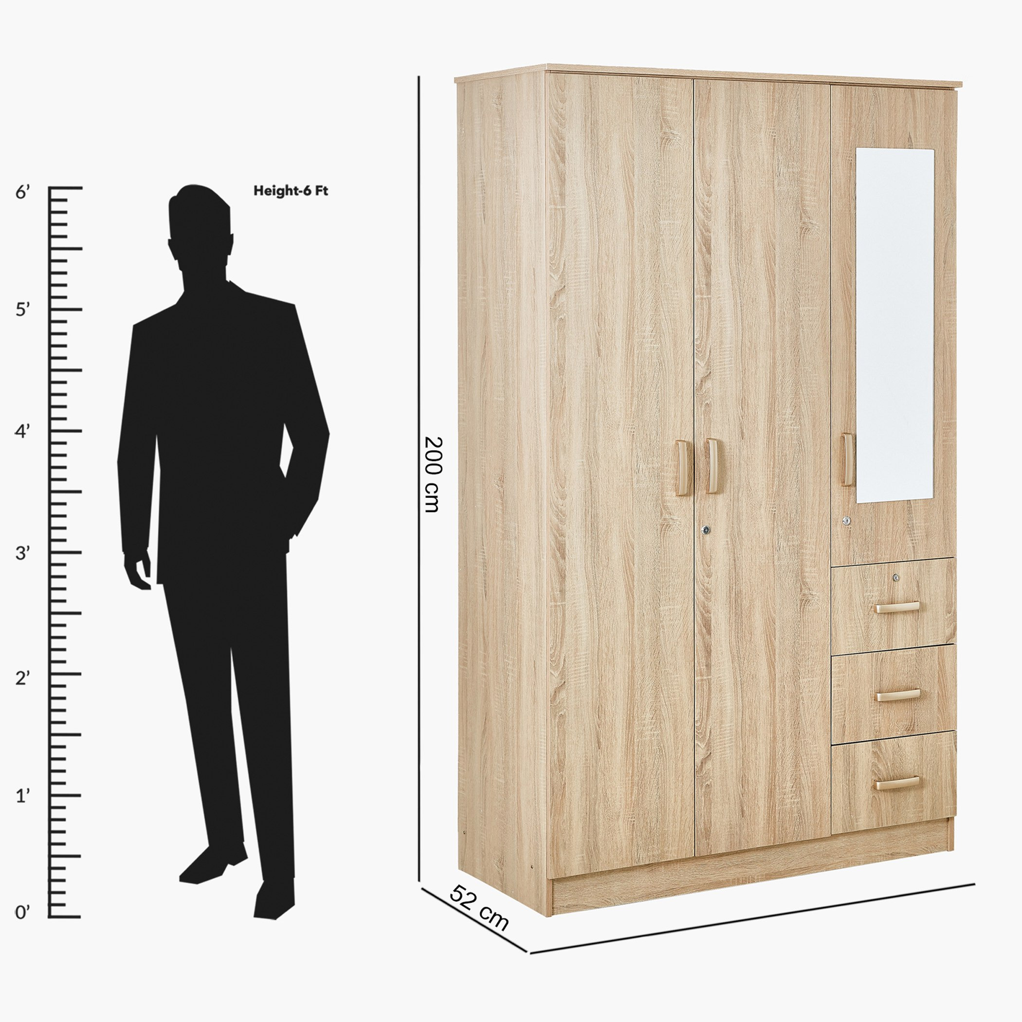 Movo Cooper 3-Door Lockable Wardrobe with 3 Drawers and Mirror-hbxfurniture-wardrobes-image-13