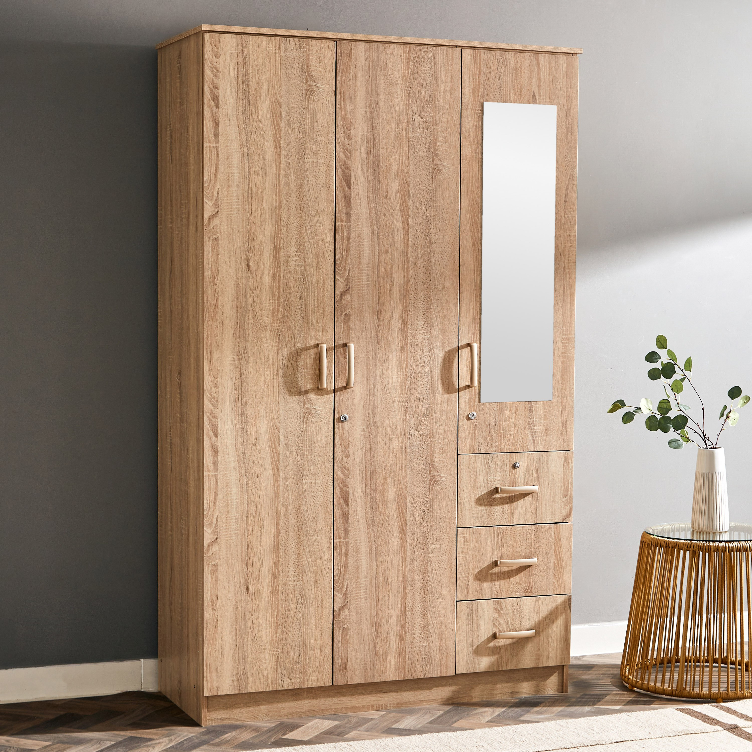 Wooden wardrobe on sale with drawers