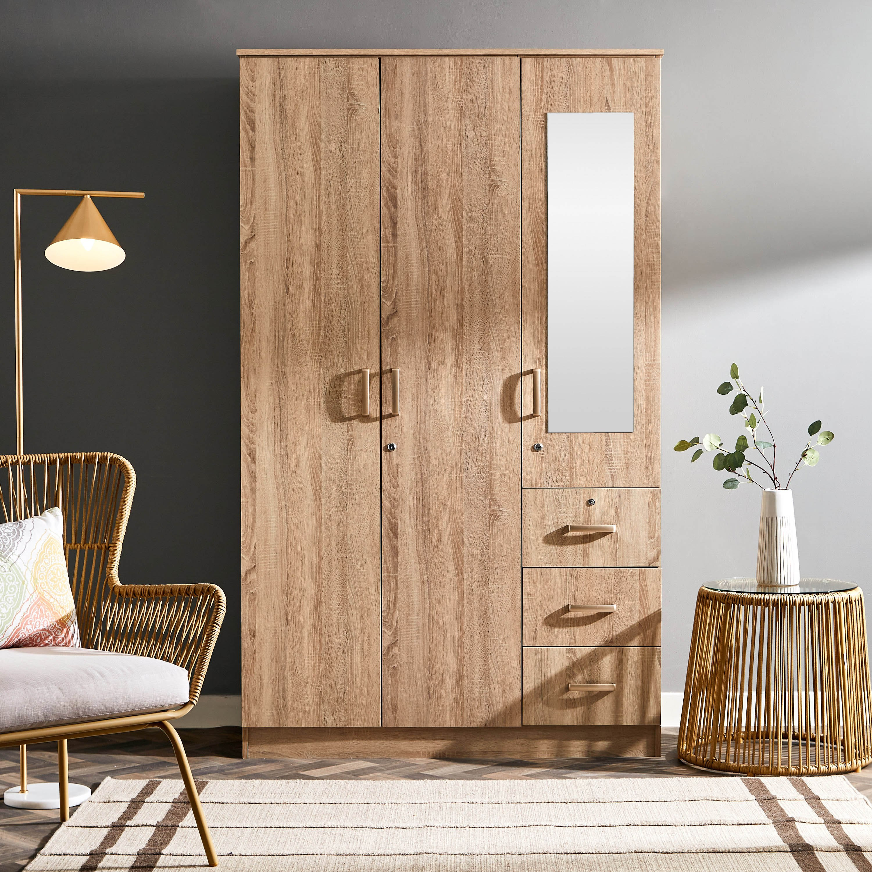 Movo Cooper 3-Door Lockable Wardrobe with 3 Drawers and Mirror-hbxfurniture-wardrobes-image-11