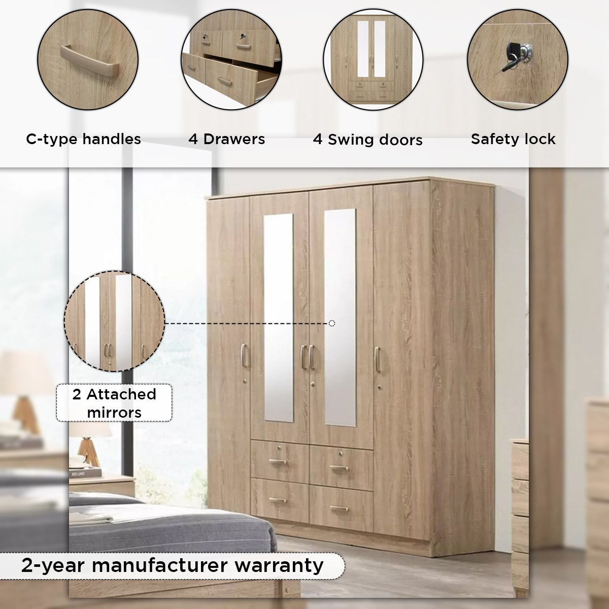 خزانة ملابس بـ4 أدراج و4 أبواب و2 مرآة وأقفال من كوبر-hbxfurniture-wardrobes-image-4