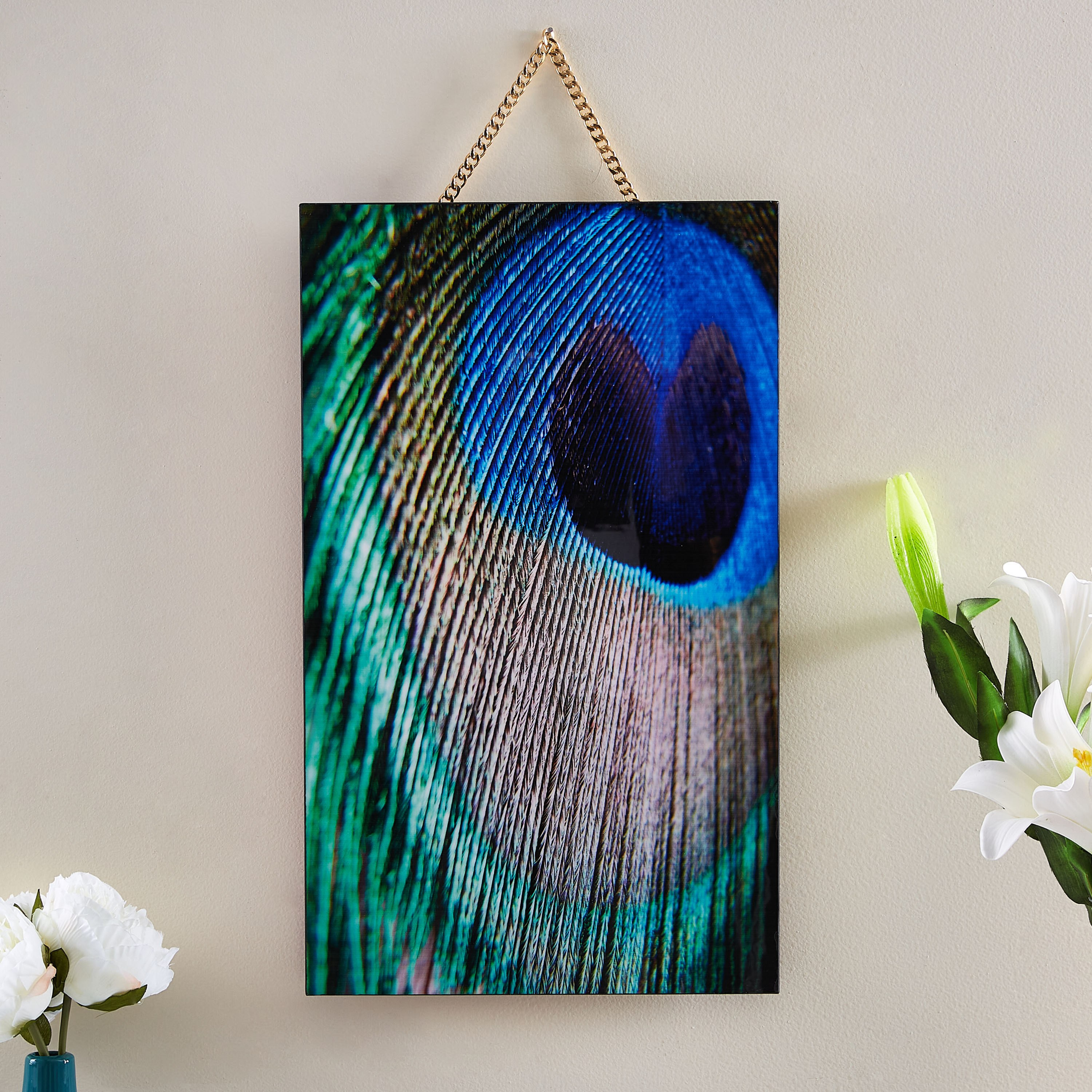 لوحة بطبعات ريش الطاووس يعلق بسلسلة-hbxlivingroom-walldecor-wallart-image-1