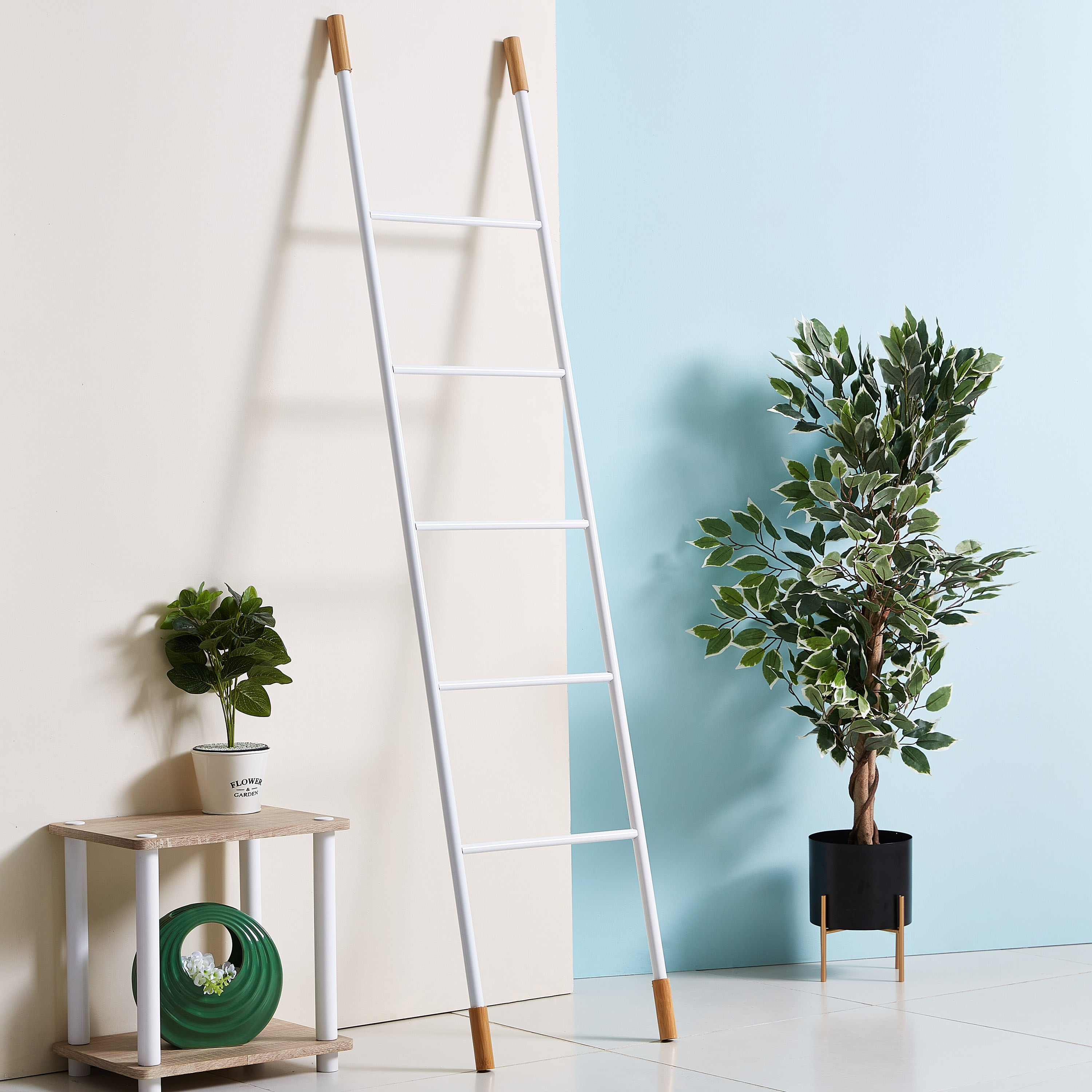 Bamboo and Metal Wide 5-Tier Towel Ladder-hbxbathroom-bathroomstorage-towelholdersandstands-image-1