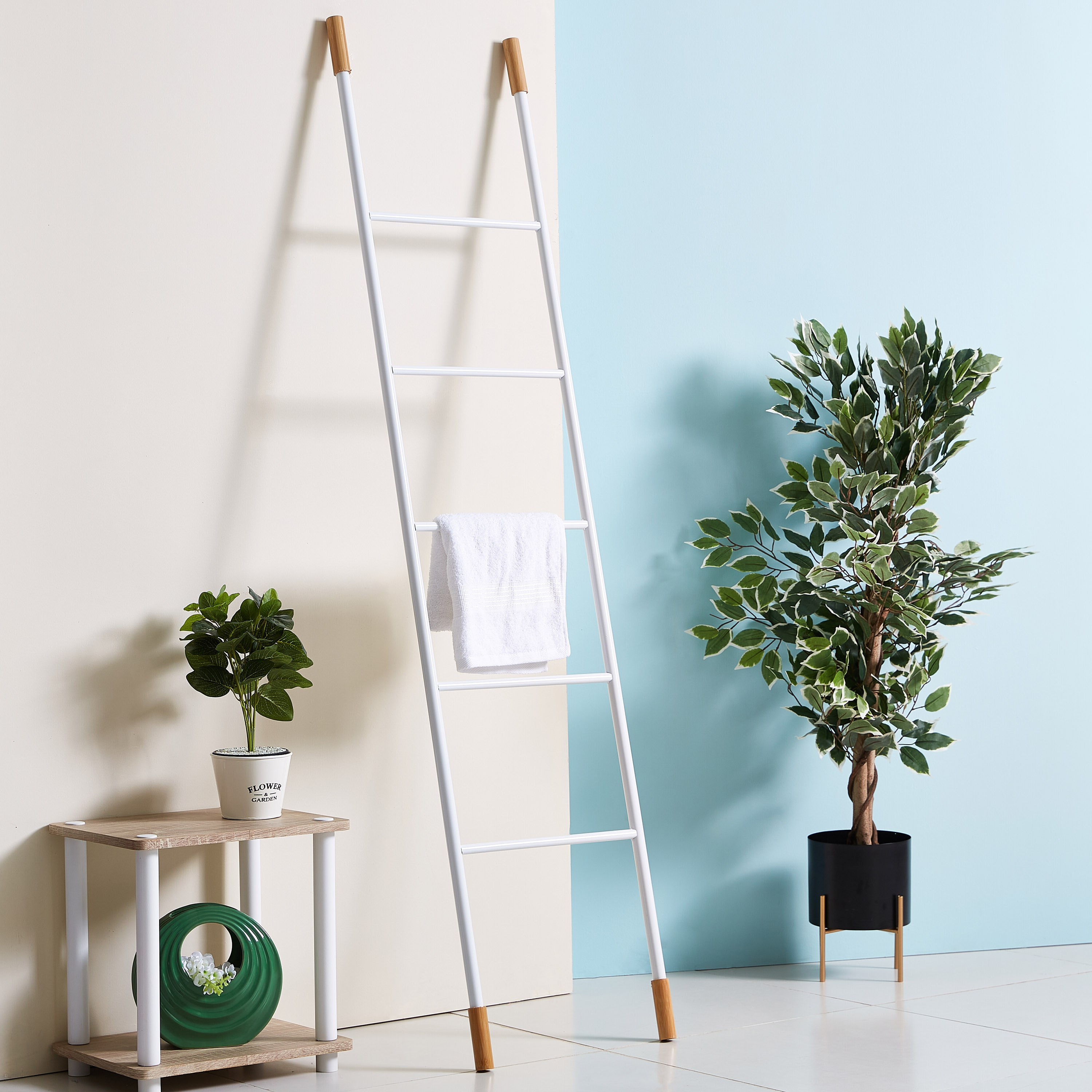 Bamboo and Metal Wide 5-Tier Towel Ladder-hbxbathroom-bathroomstorage-towelholdersandstands-image-3