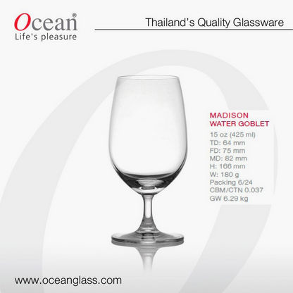 Ocean 6-Piece Madison Water Goblet Glass Set - 425 ml