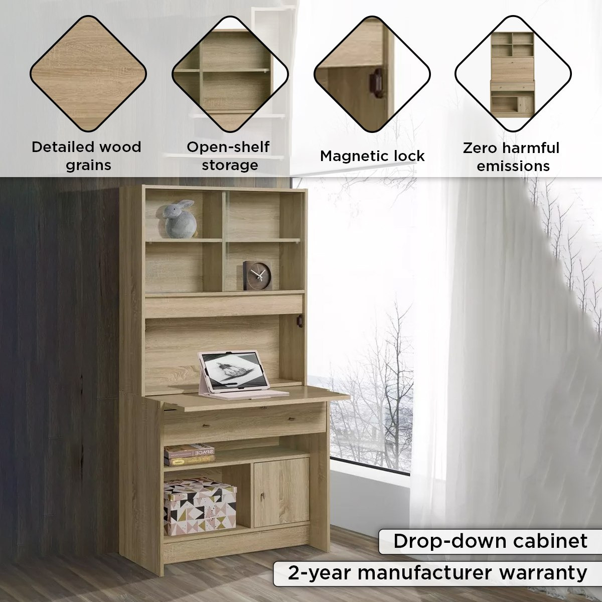 Gleam Study Desk with 1-Door and 1-Drawer Hutch-hbxfurniture-office-desks-image-4