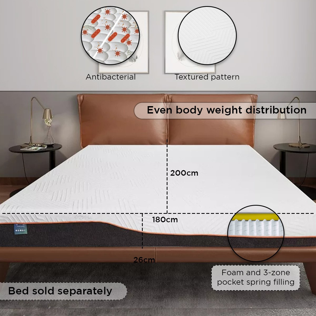 مرتبة كينج إسفنج ميموري فوم فحم مغلفة ملفوفة من آي ناتشورال ـ- 180x200x26 سم-hbxfurniture-mattresses-king-image-17