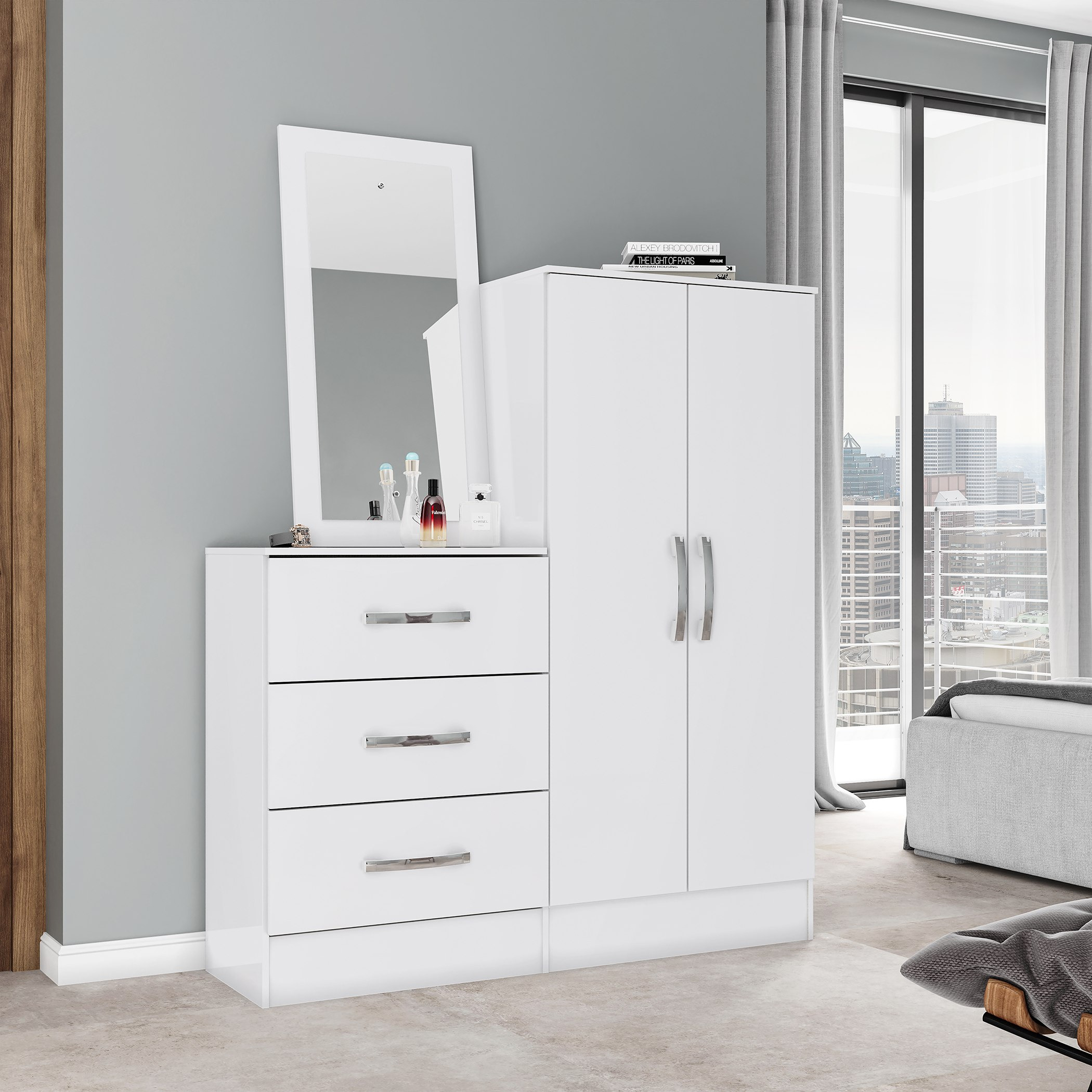 طاولة تزيين 3 أدراج ببابين ومرآة - لوندرينا من موڤو -hbxfurniture-bedroom-dressersandmirrors-image-2