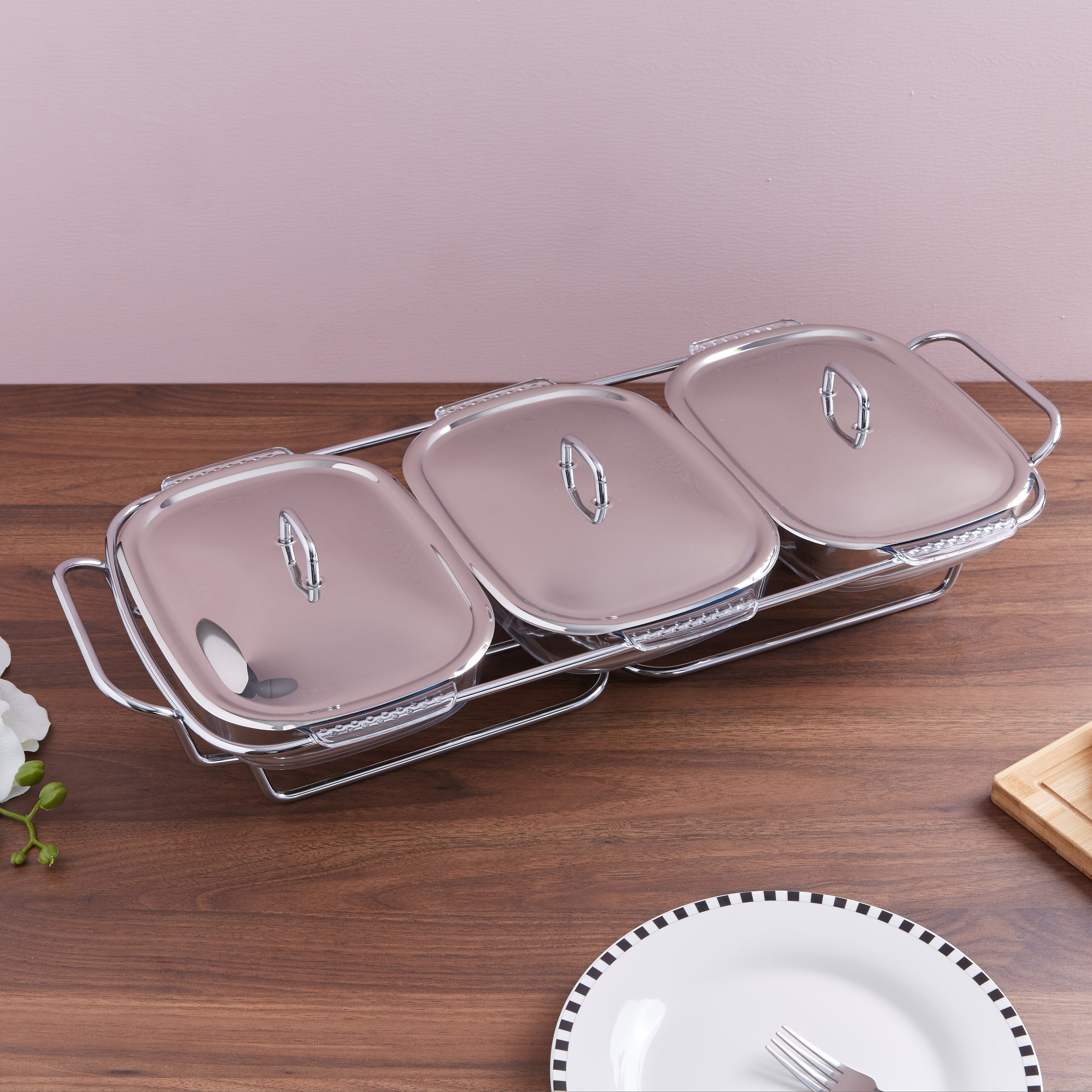مسخّن طعام زجاجي بغطاء وحامل من شيف إينوكس-hbxdecorandfurnishings-tabletop-serveware-image-1