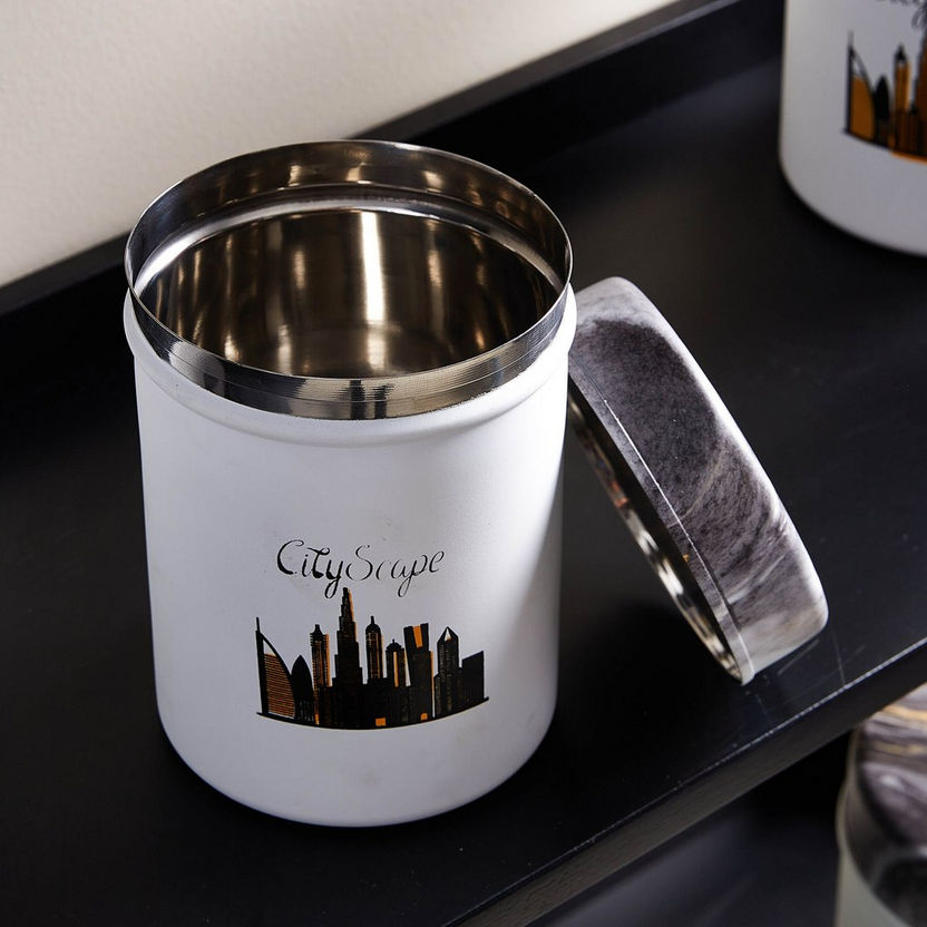 Cityscape Printed Stainless Steel Canister with Wooden Lid - 1400 ml-Containers and Jars-image-1