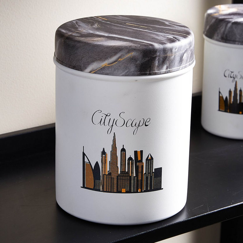 Cityscape Printed Stainless Steel Canister with Wooden Lid - 2300 ml-Containers and Jars-image-0