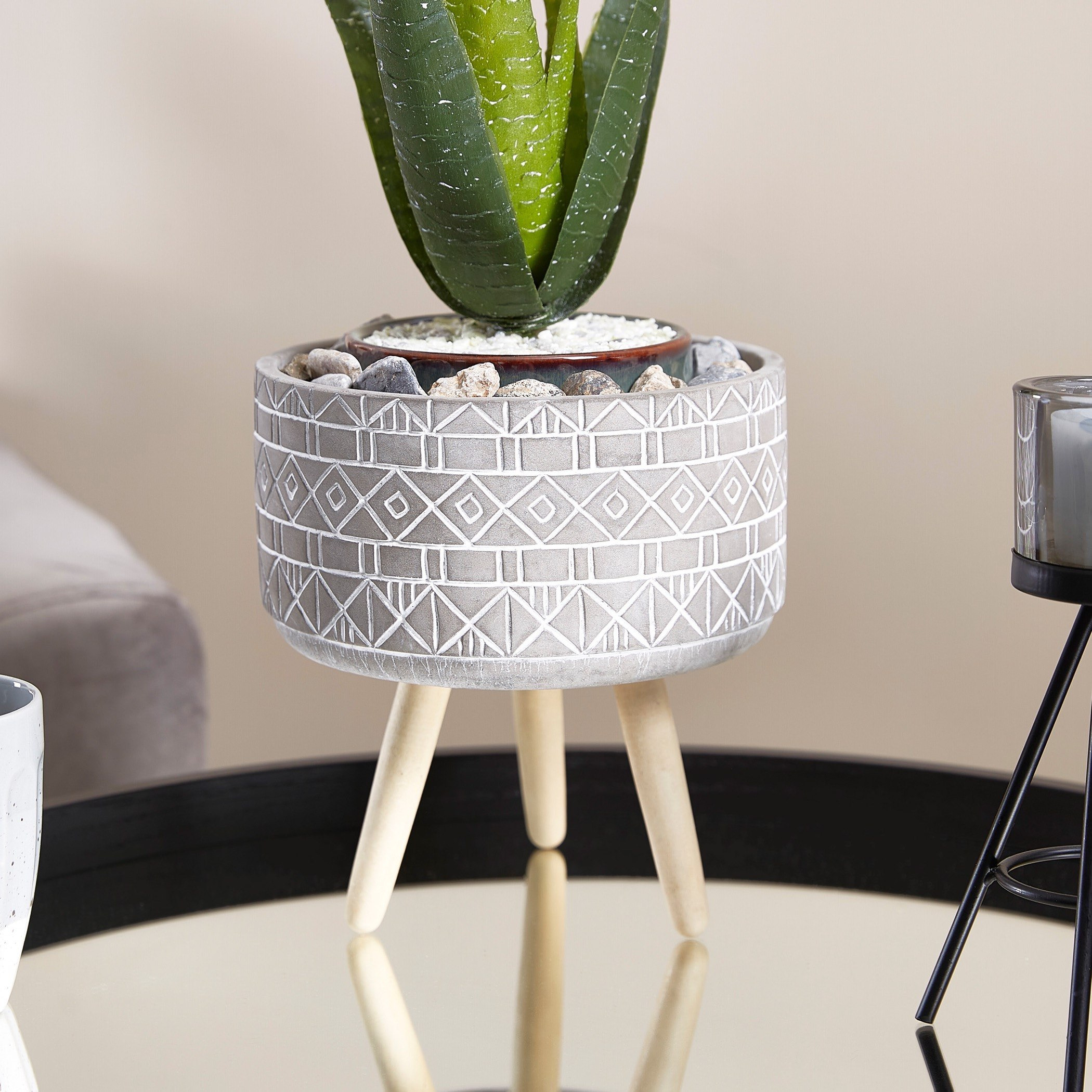 Maison Cement Garden Pot with Wooden Legs-hbxdecorandfurnishings-homeaccessories-artificialflowersandplants-image-2
