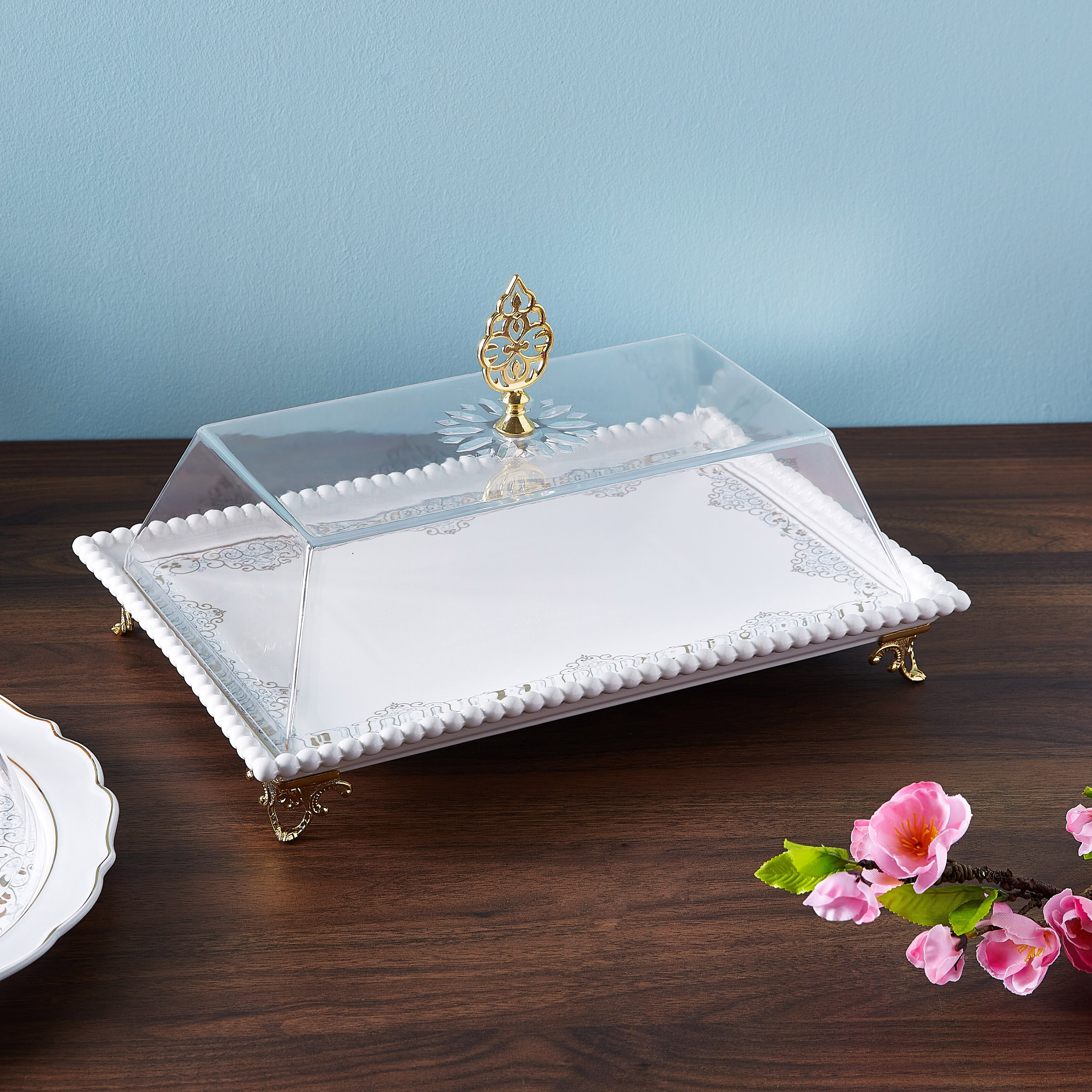 صحن مربع بطبعات وغطاء زجاجي من أوركيد - 36 سم-hbxdecorandfurnishings-tabletop-serveware-image-1