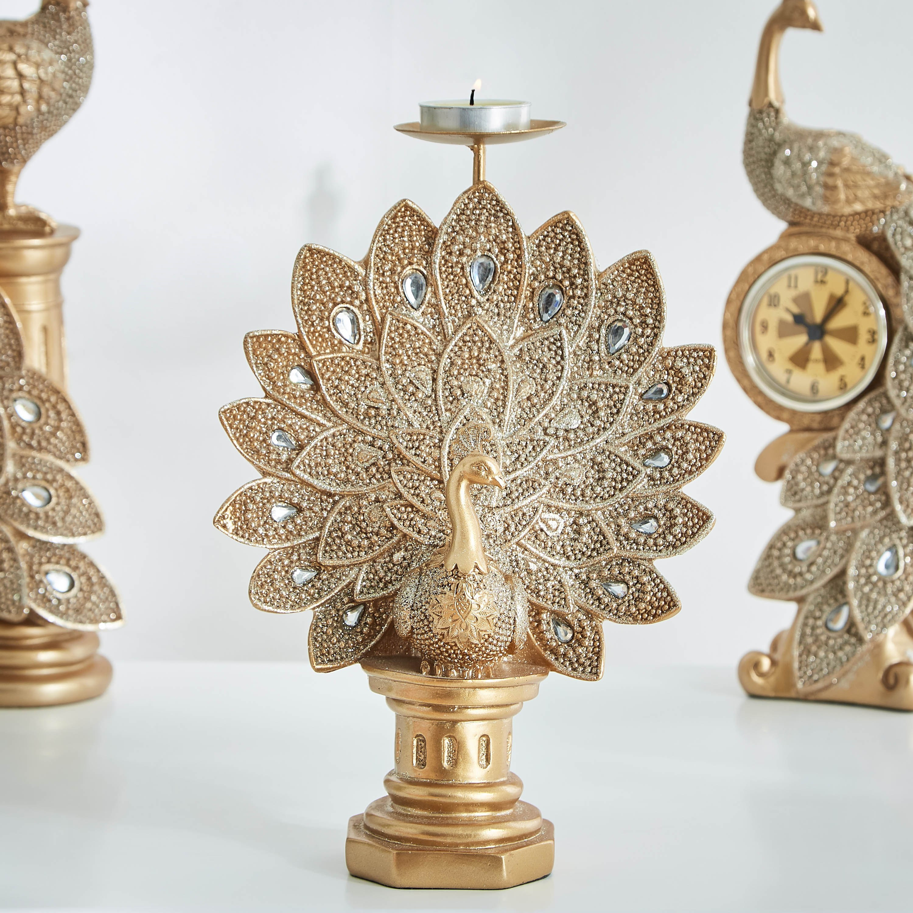 تمثال بوليريسين طاووس مع حامل شموع - كوينتين-hbxlivingroom-decorandaccessories-candleholders-image-1