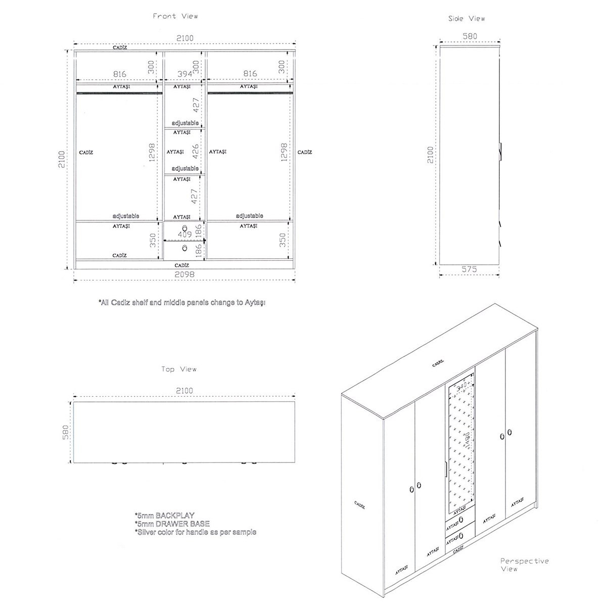 خزانة ملابس 5 أبواب بدرجين ومرآة - كارديز من موڤو-hbxfurniture-wardrobes-image-4