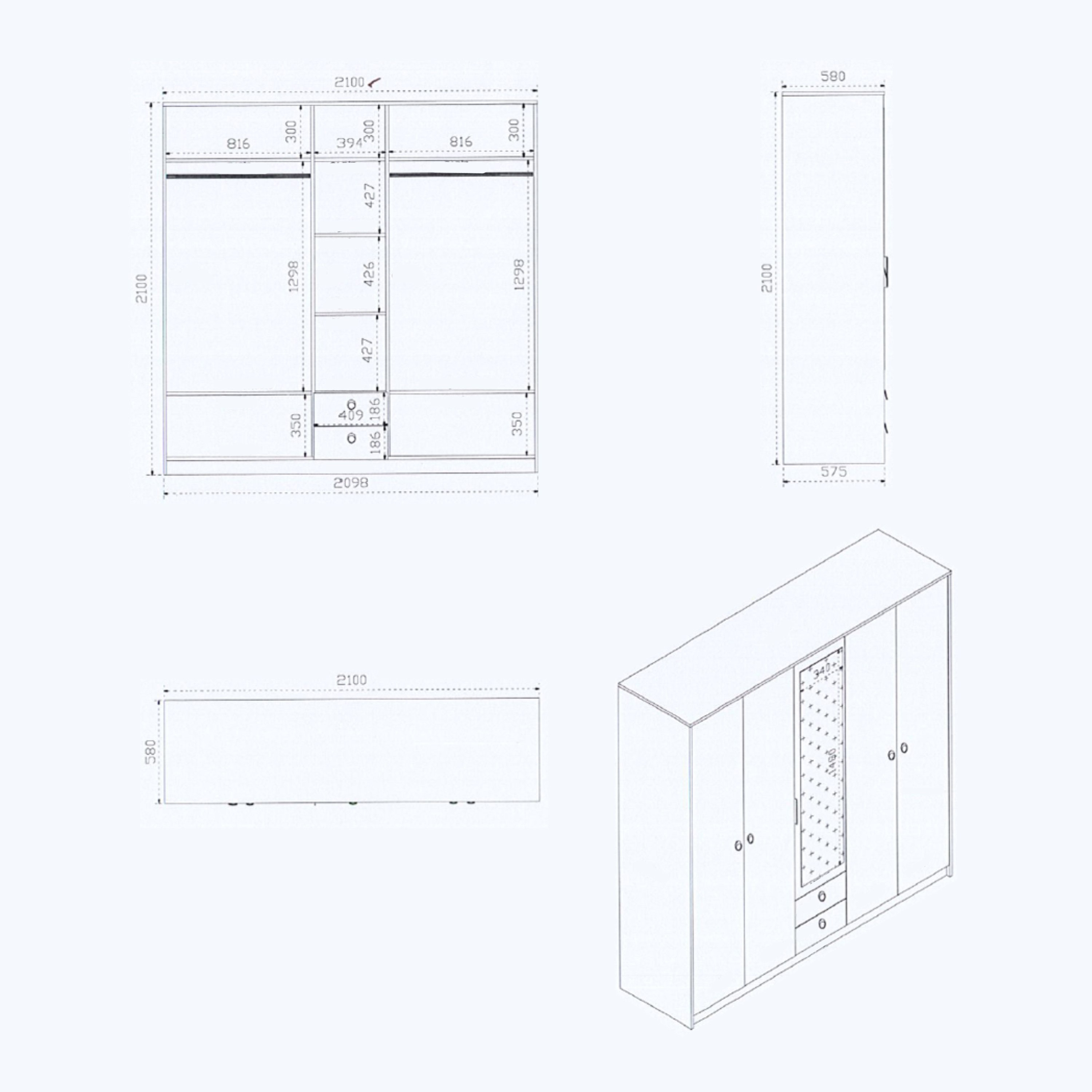 خزانة ملابس 5 أبواب بدرجين ومرآة - كارديز من موڤو-hbxfurniture-wardrobes-image-7