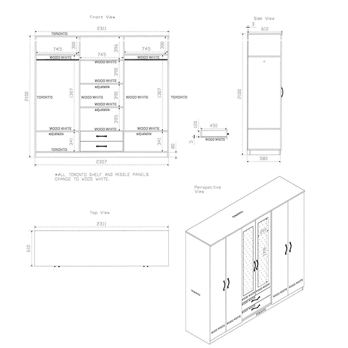 خزانة ملابس 6 أبواب بدرجين ومرآتين - تورونتو من موڤو -hbxfurniture-wardrobes-image-4