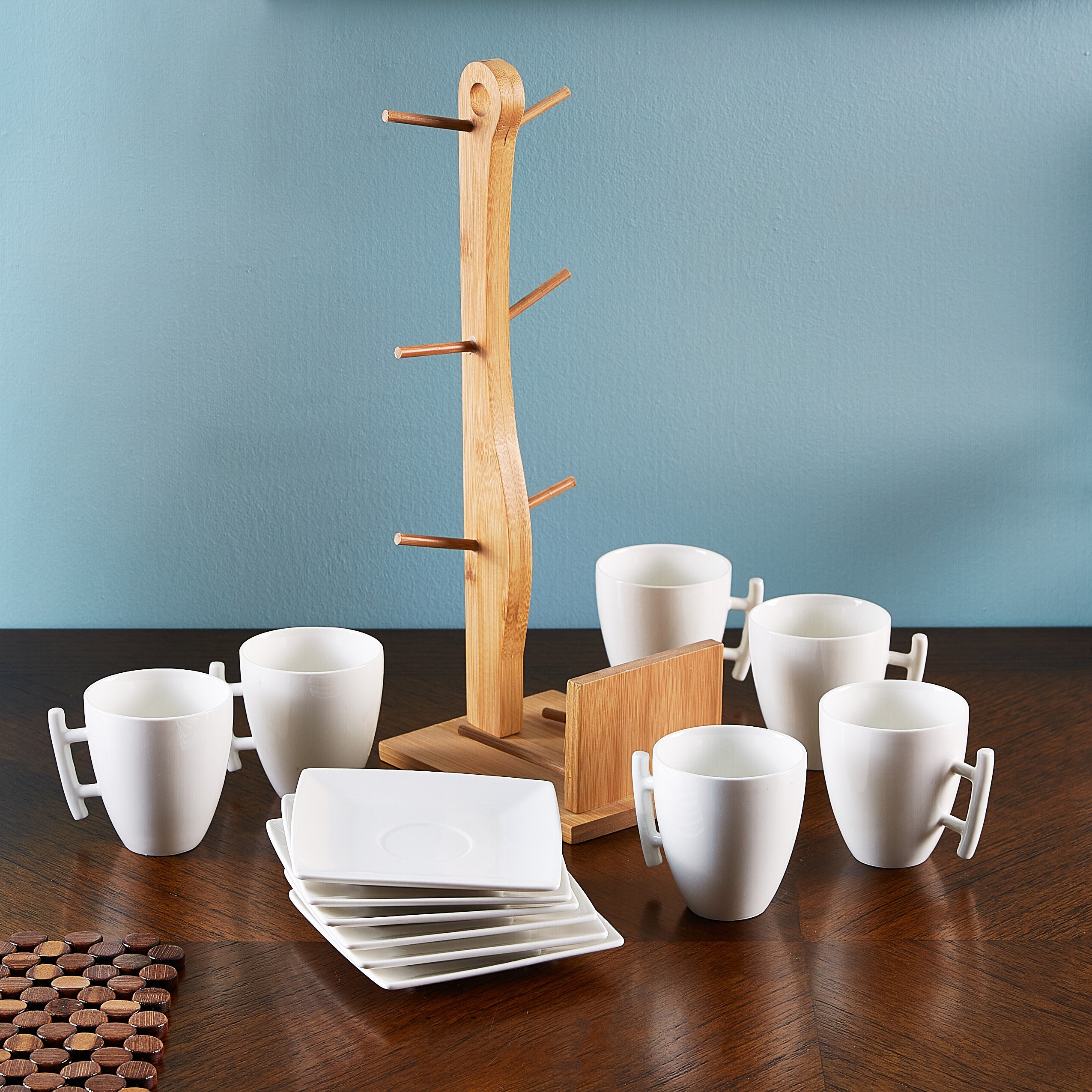 طقم فناجين بصحون مع حامل خشبي من أكوايجن - 12 قطعة-hbxhomeware-hbxkitchen-image-1