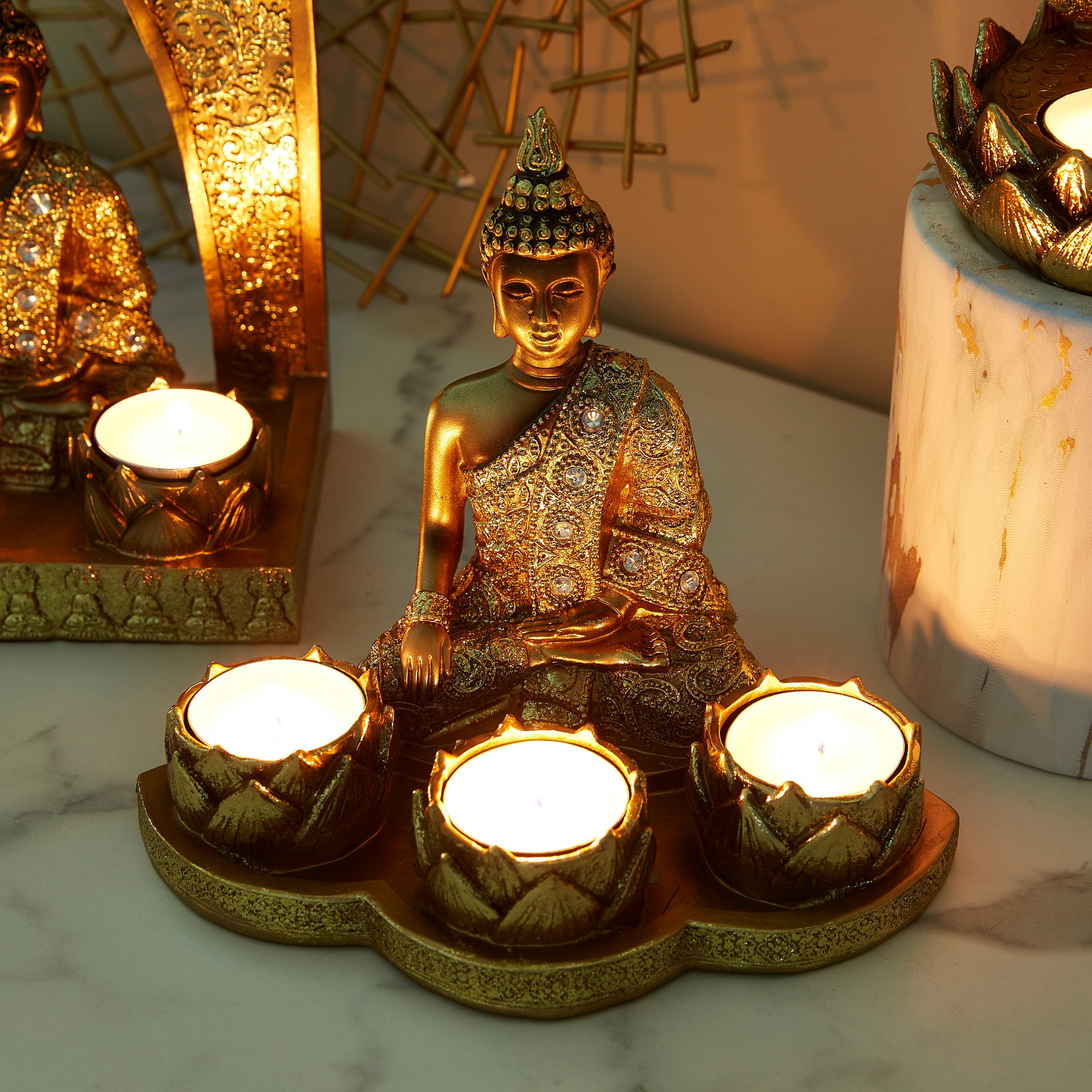 تمثال الإله بوذا مع 3 حاملات شموع صغيرة-hbxlivingroom-decorandaccessories-candleholders-image-2