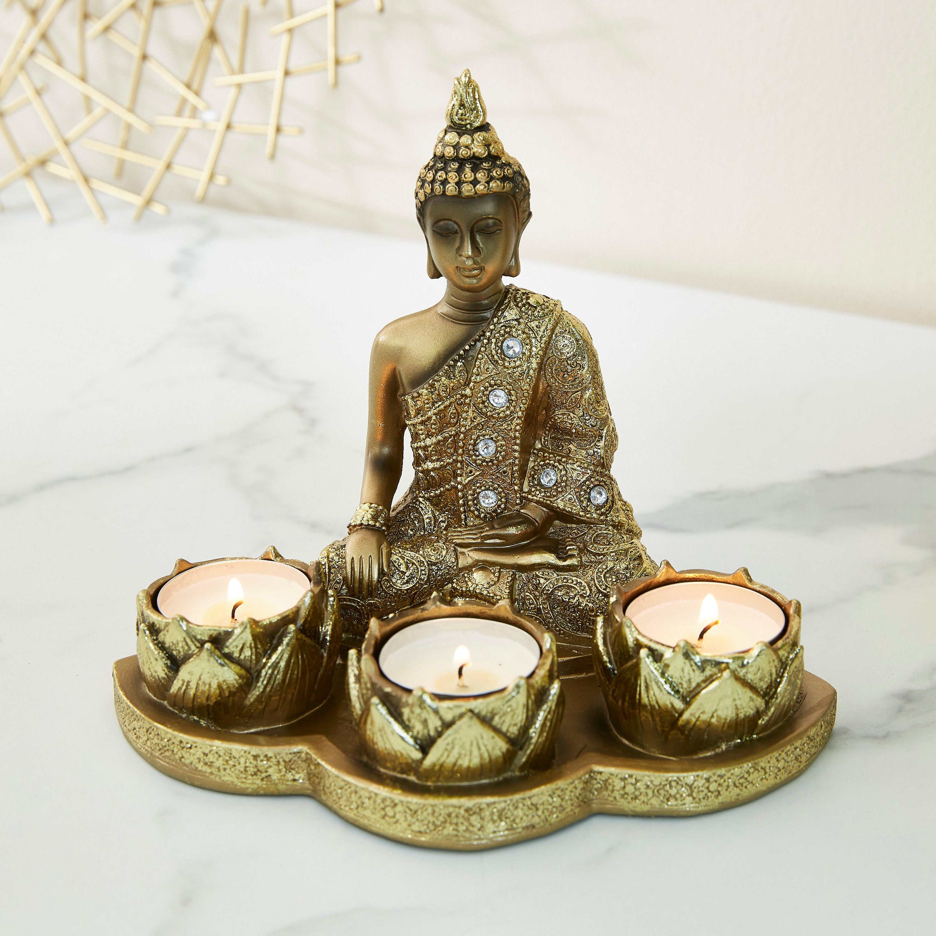 تمثال الإله بوذا مع 3 حاملات شموع صغيرة-hbxlivingroom-decorandaccessories-candleholders-image-1