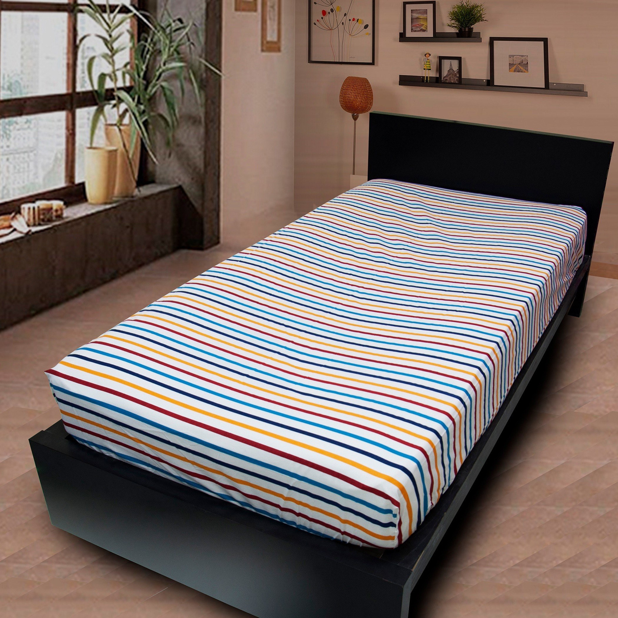 شرشف مطاطي مزدوج مخطط من هومي - 120x200 سم-hbxhomeware-bedding-fittedsheets-image-1