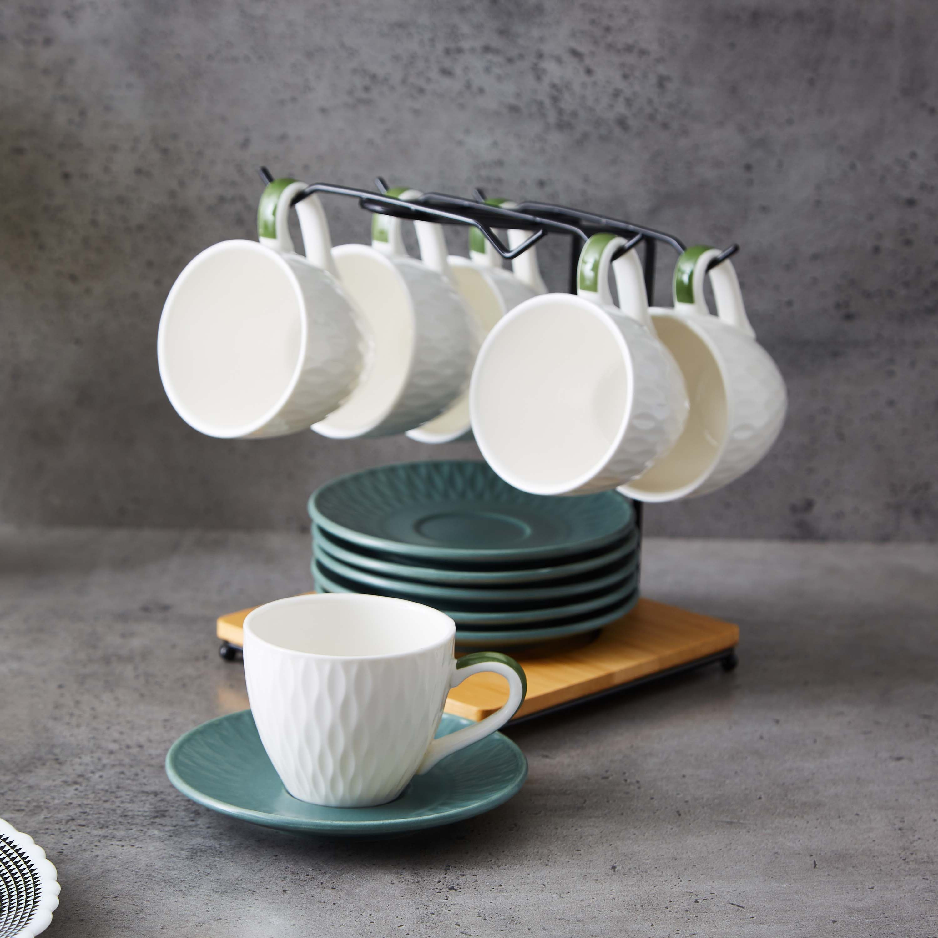 طقم فناجين وصحون بورسلين مع حامل خشبي من فيست 13 قطعة-hbxhomeware-hbxkitchen-image-1