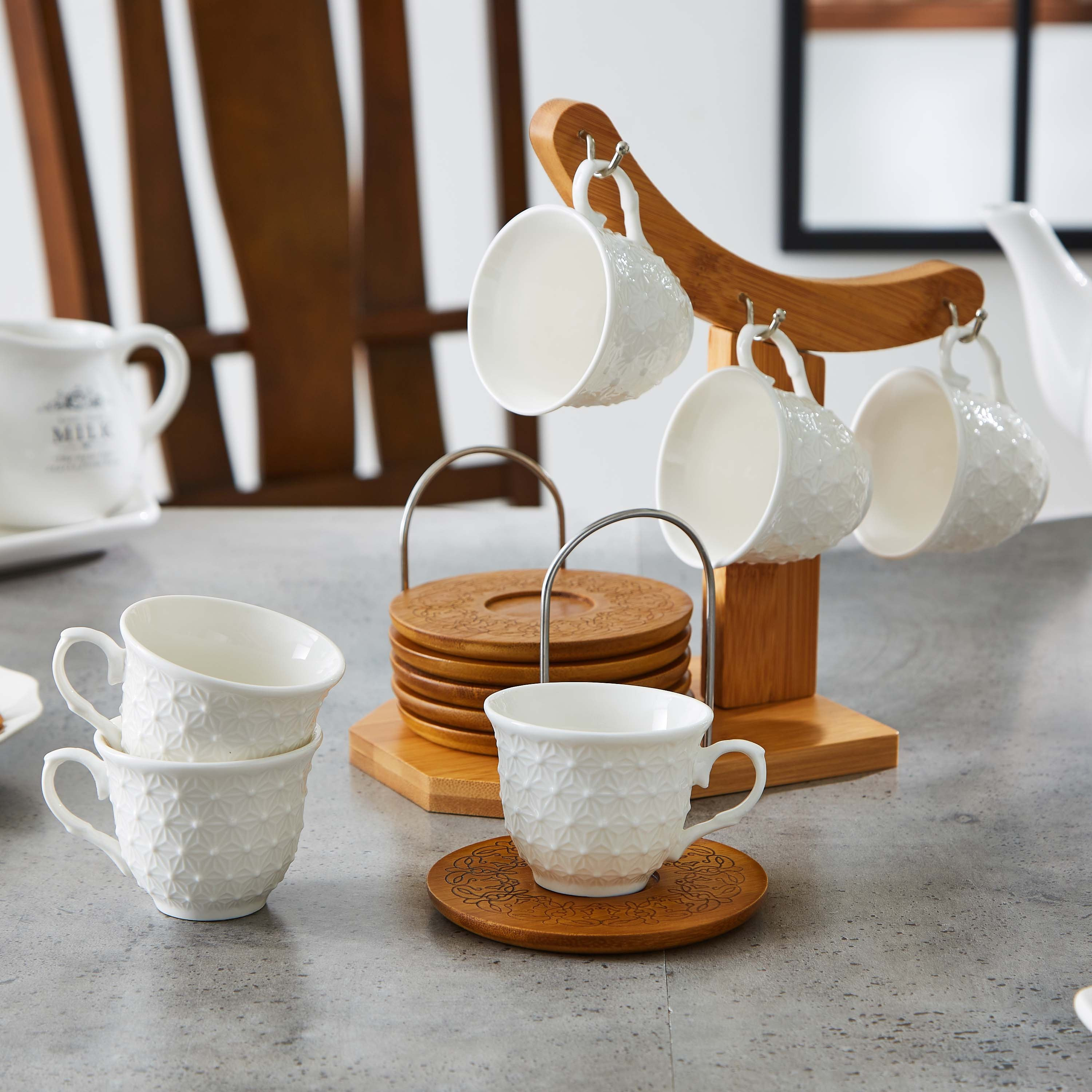 طقم فناجين وصحون بورسلين مع حامل خشبي من فيست 13 قطعة-hbxhomeware-hbxkitchen-image-1