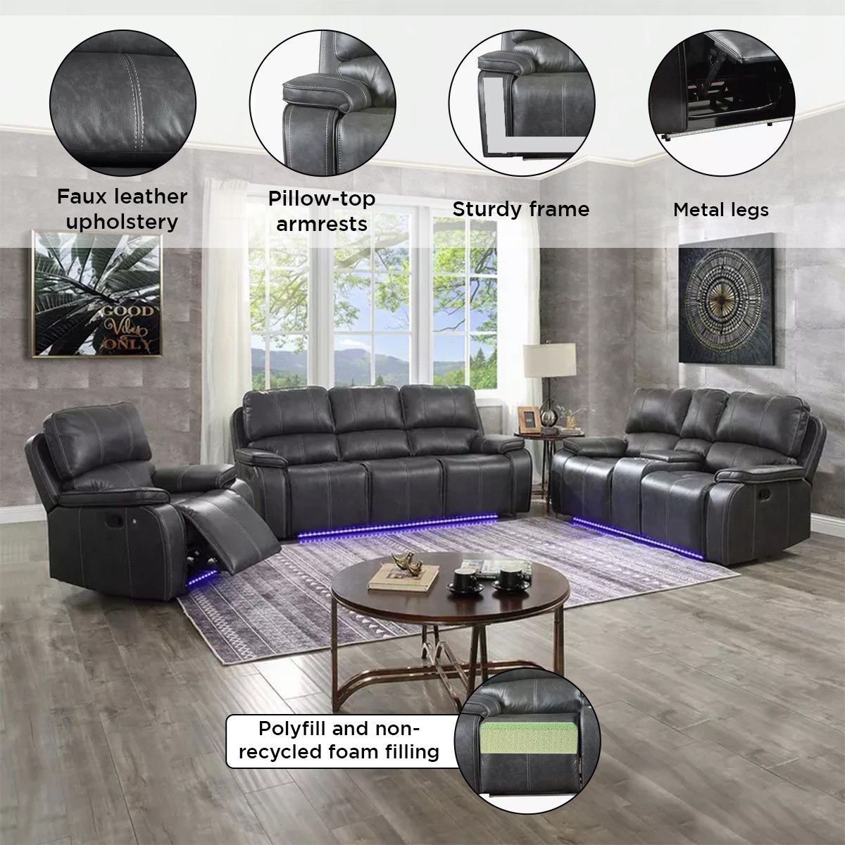 Glorian 2-Seater Leather-Look Fabric Recliner with LED and Cup Holder-hbxlivingroom-sofasandarmchairs-sofas-image-4