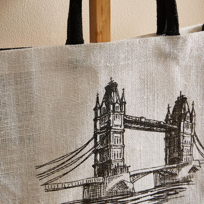 Illustrated Bridge Jute Shopping Bag  - 38x15x46 cm