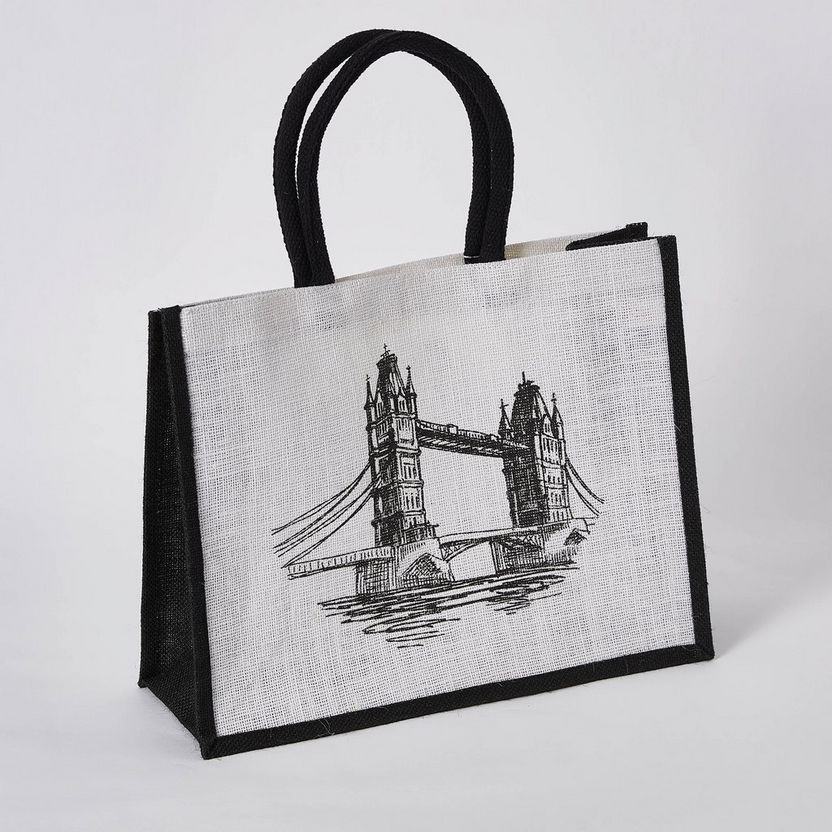 Illustrated Bridge Jute Shopping Bag  - 38x15x46 cm-Lunch Boxes-image-4