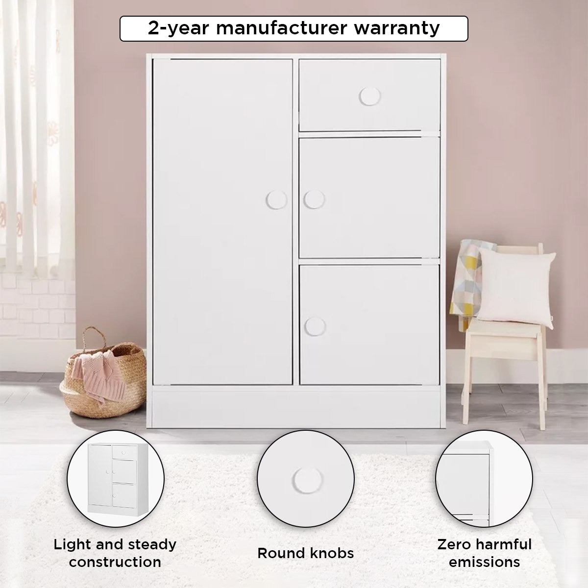 Vanilla Cody 1-Drawer Kids' Cabinet with 3 Doors-hbxfurniture-wardrobes-image-4
