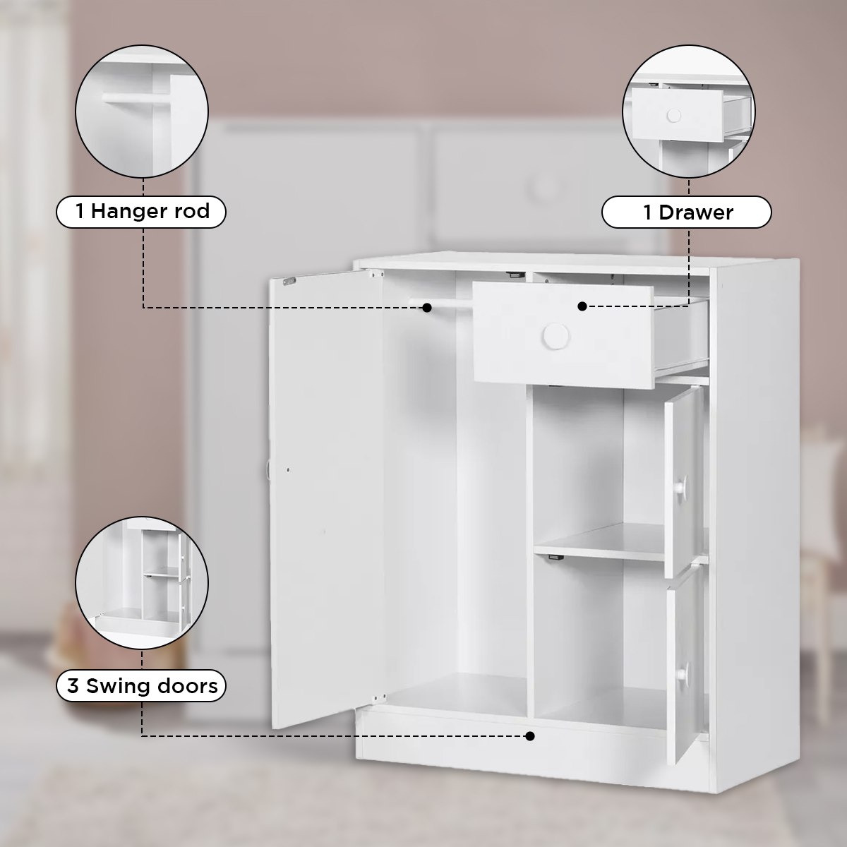 Vanilla Cody 1-Drawer Kids' Cabinet with 3 Doors-hbxfurniture-wardrobes-image-5