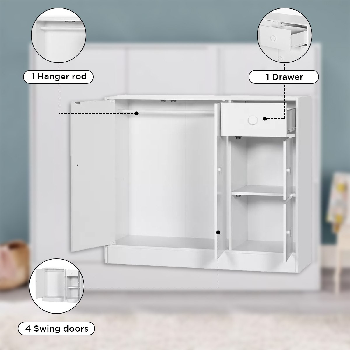Vanilla Cody 1-Drawer Kids' Cabinet with 4 Doors-hbxfurniture-wardrobes-image-5
