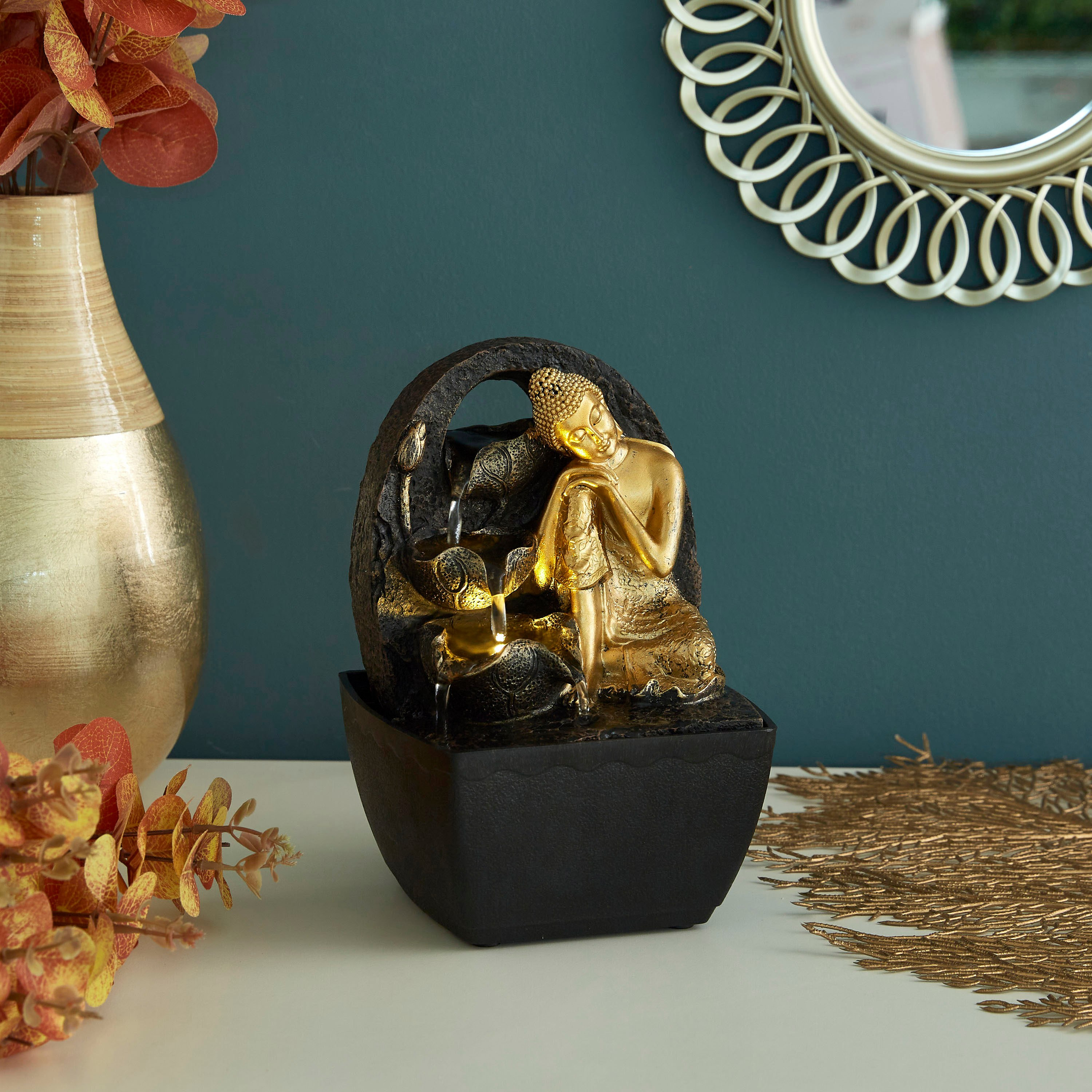 نافورة بوذا الصغيرة بإضاءة صفراء - 13x12x18 سم-hbxhomeware-hbxdecorandfurnishings-image-1