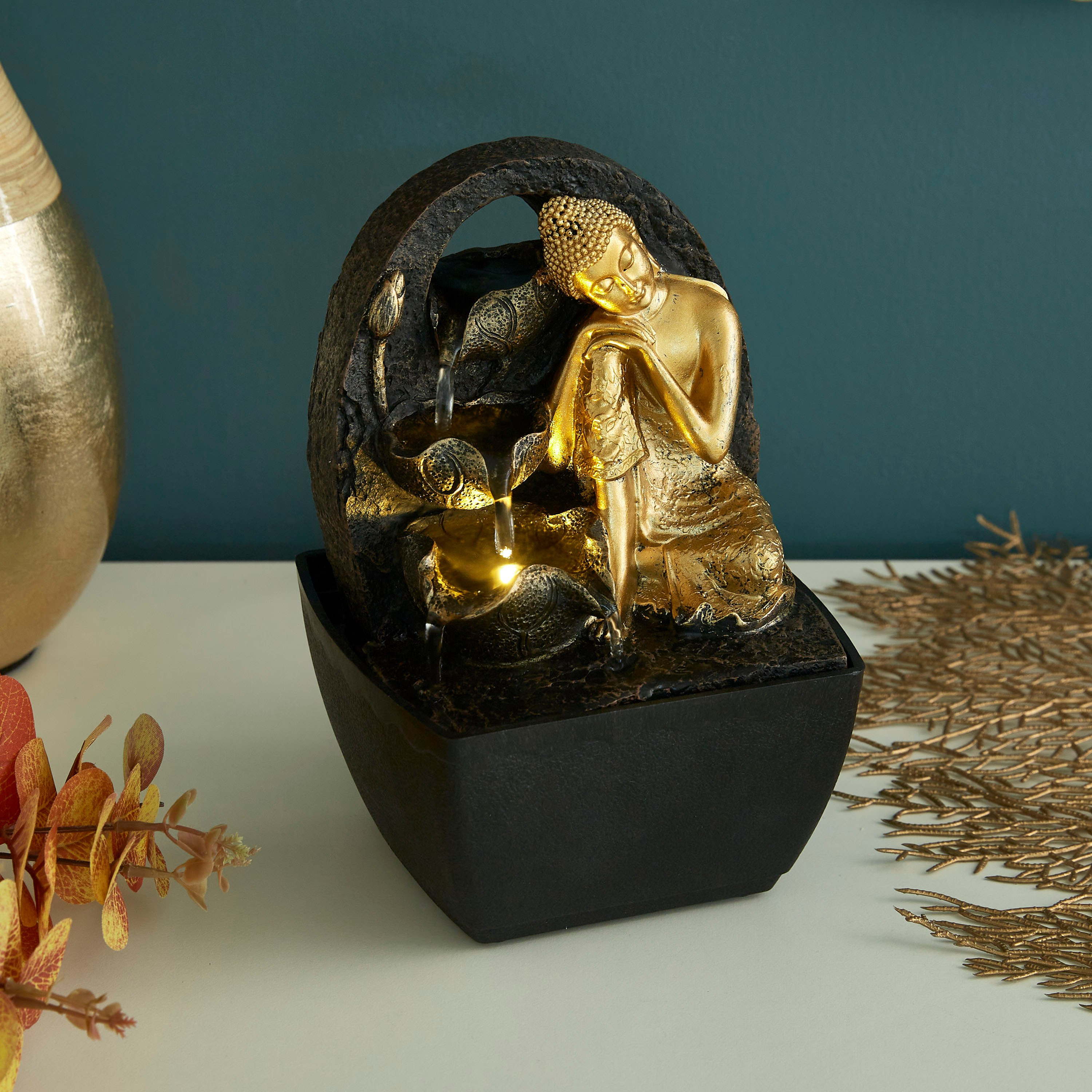 نافورة بوذا الصغيرة بإضاءة صفراء - 13x12x18 سم-hbxhomeware-hbxdecorandfurnishings-image-2