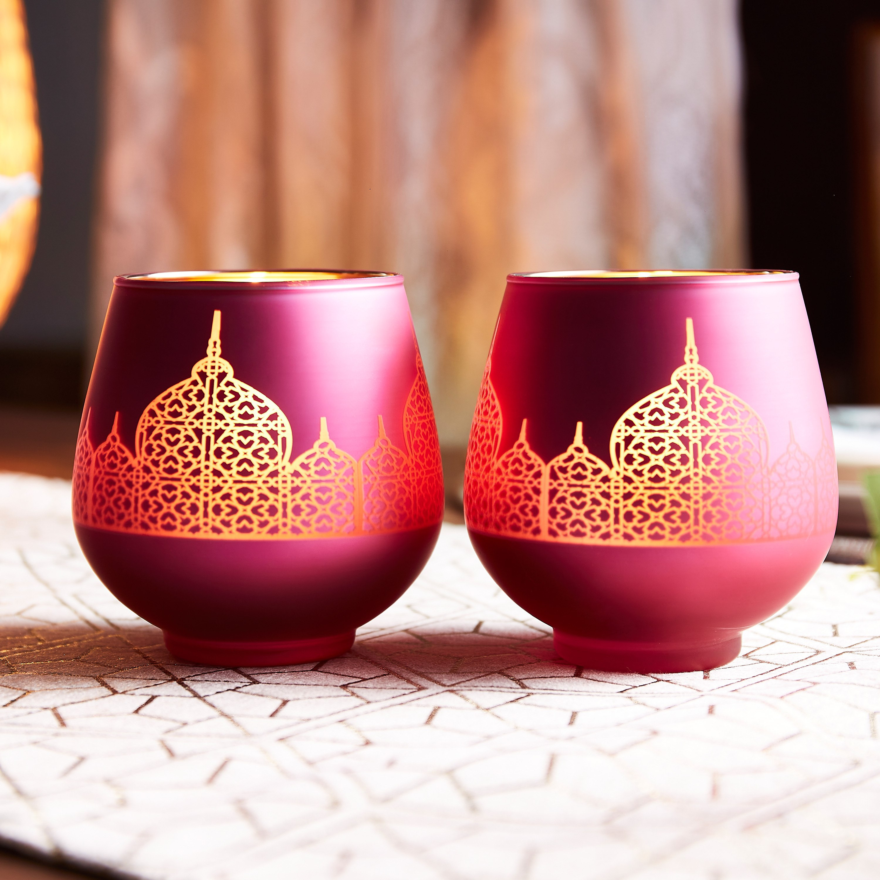 حامل شموع زجاجي بيضاوي بتزيينات مسجد من آشر - طقم من قطعتين-hbxlivingroom-decorandaccessories-candleholders-image-1
