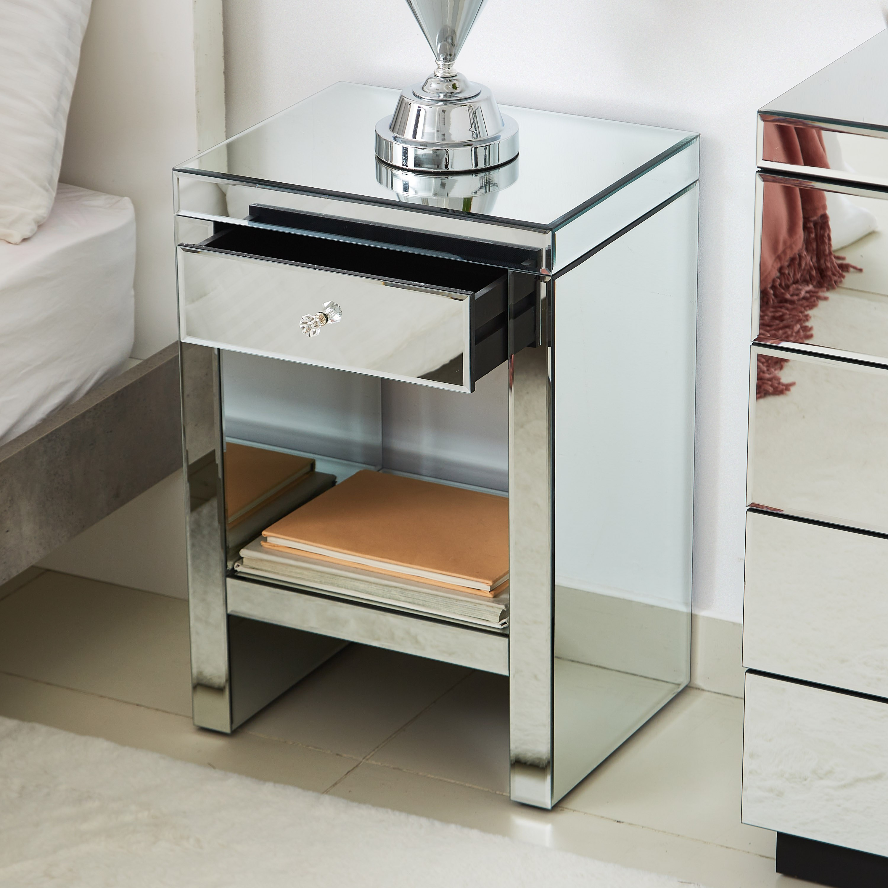 Mirrored on sale bedside cabinet